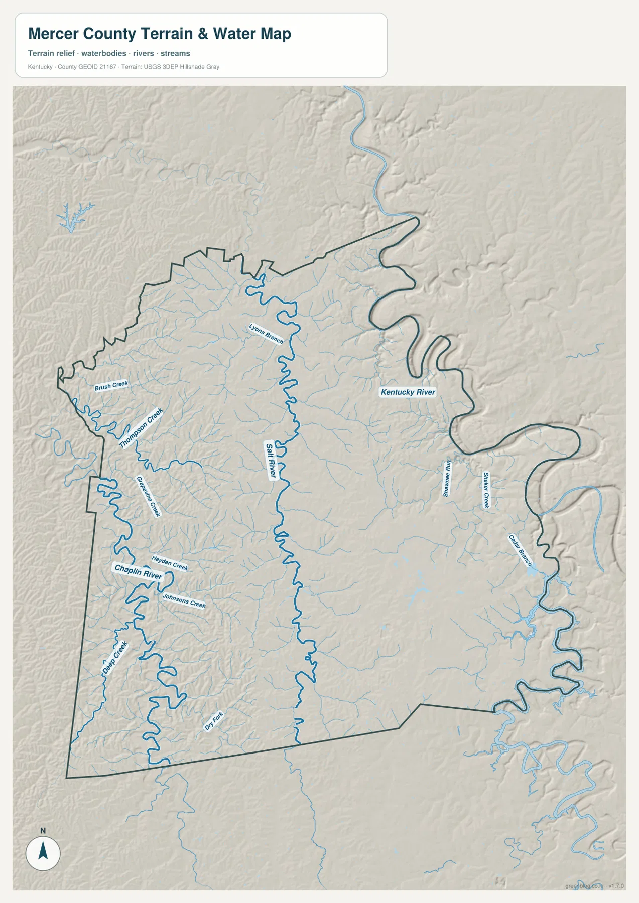 Mercer County terrain and water map showing the Kentucky River, Salt River, Chaplin River, Brush Creek, Thompson Creek, Shaker Creek, and tributaries