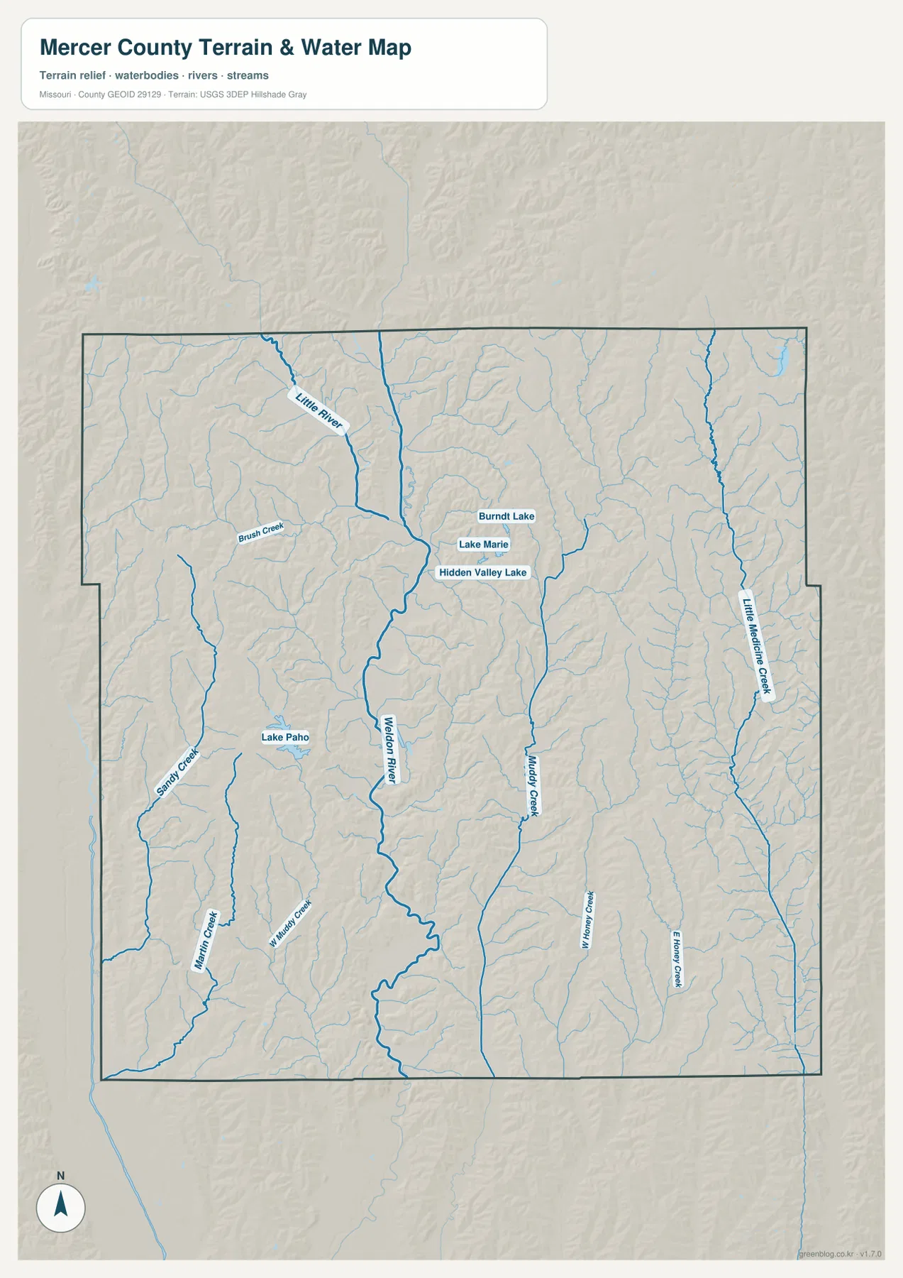 Mercer County terrain and water map showing Weldon River, Little River, Lake Paho, Muddy Creek, and local lakes