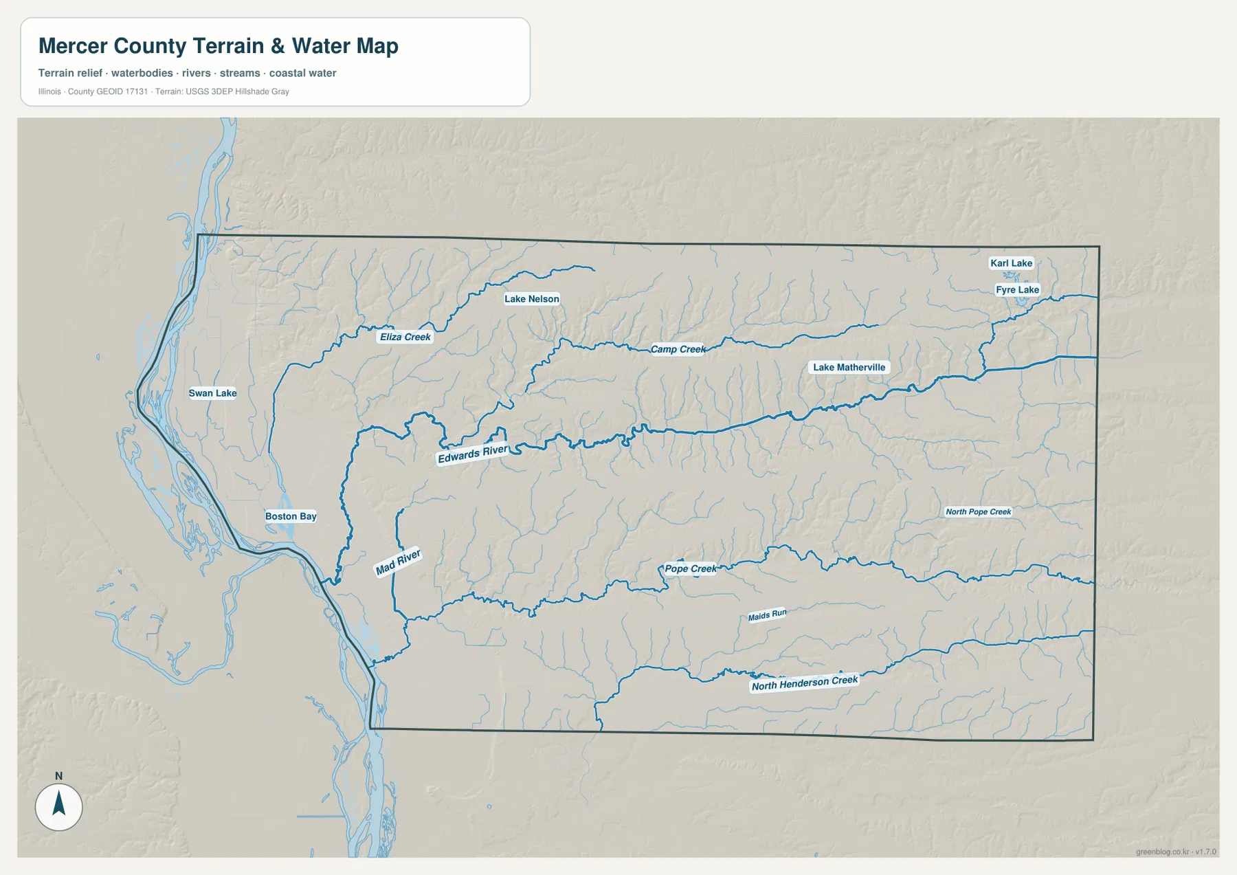 Edwards River, Camp Creek, Pope Creek, North Henderson Creek, Boston Bay와 주요 호수를 보여 주는 Mercer County 수역 지도