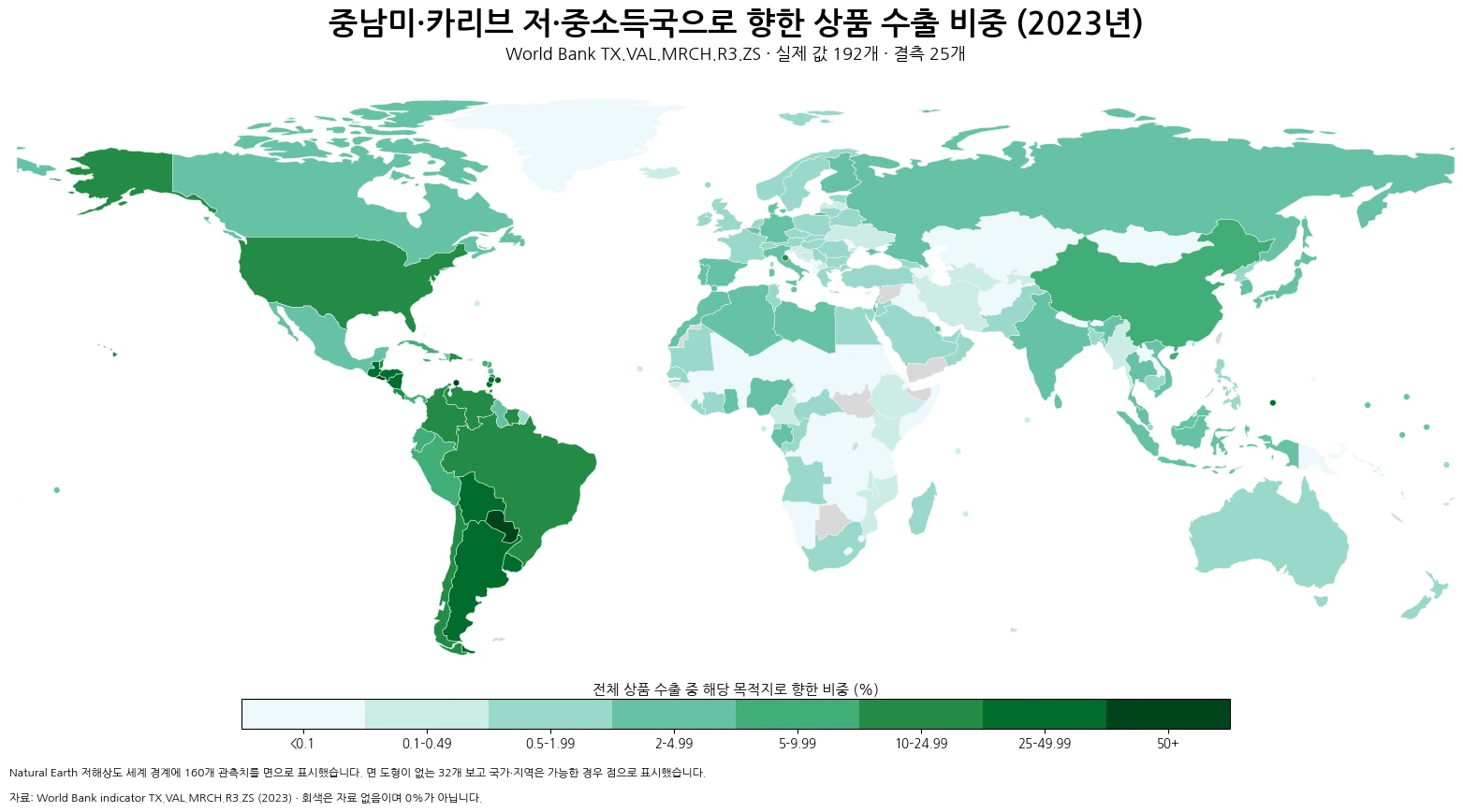 2023년 중남미·카리브 저·중소득국으로 향한 상품 수출 비중 세계 지도