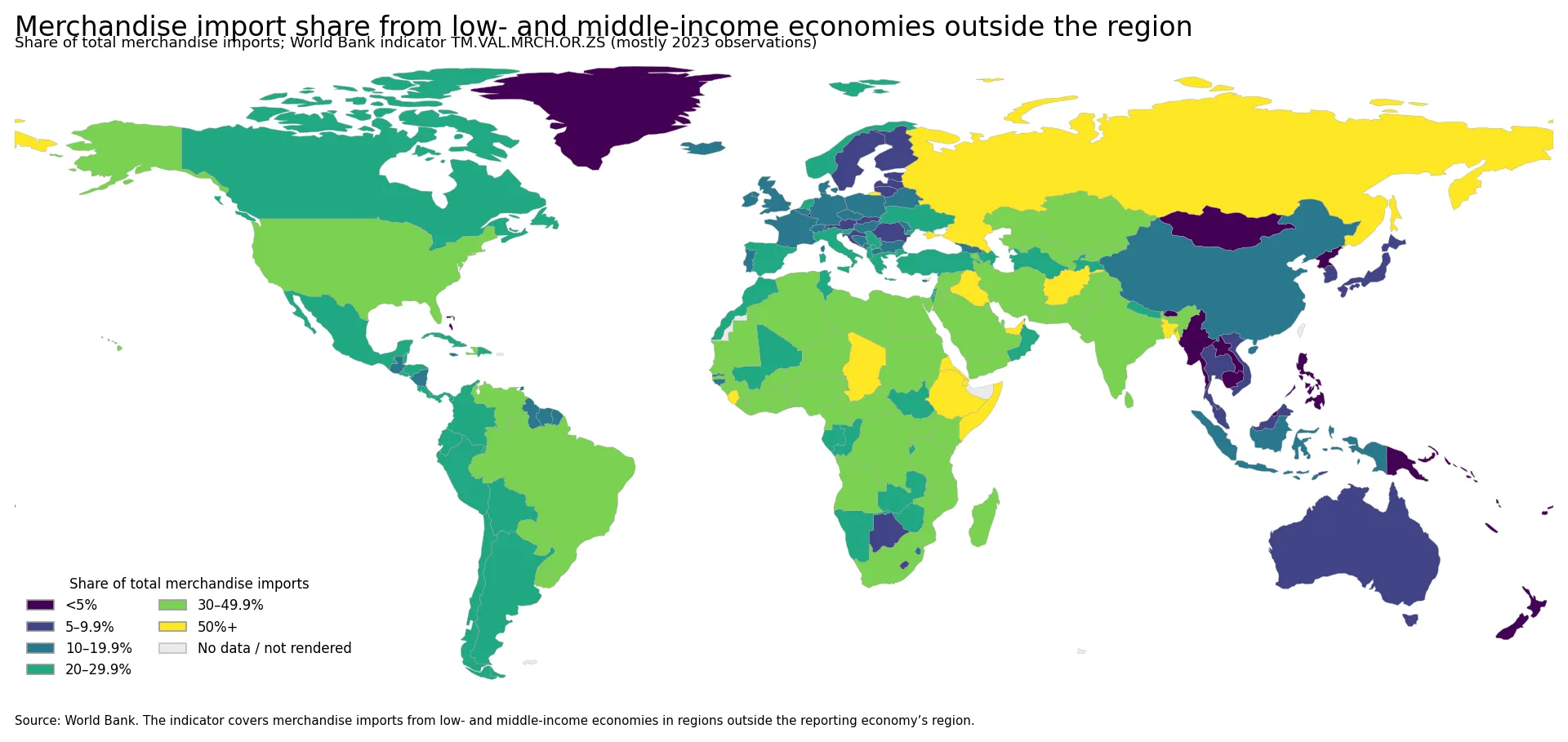 World map of the share of merchandise imports from low- and middle-income economies outside the reporting economy region
