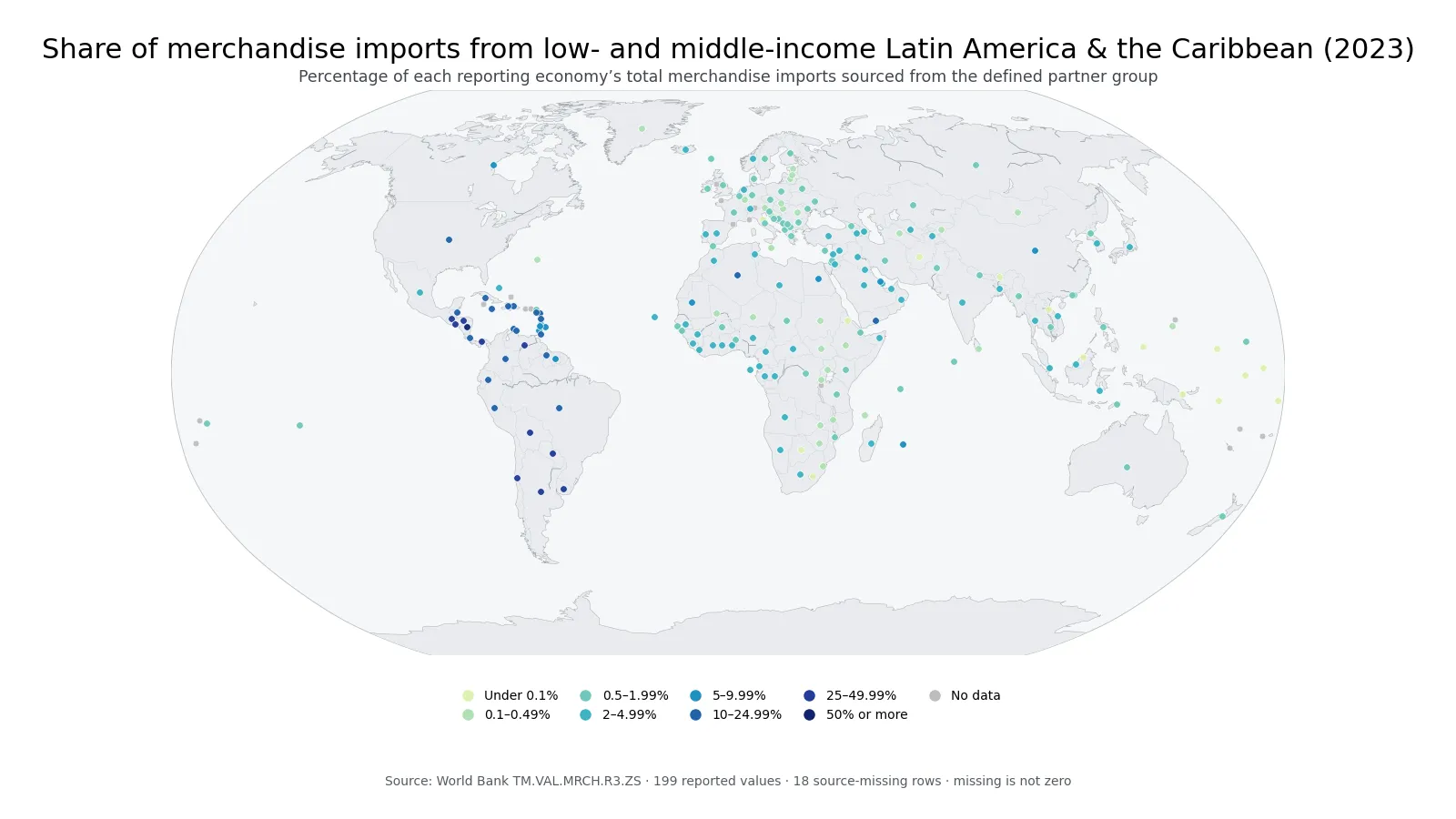 World map of merchandise-import shares sourced from low- and middle-income Latin America and the Caribbean in 2023