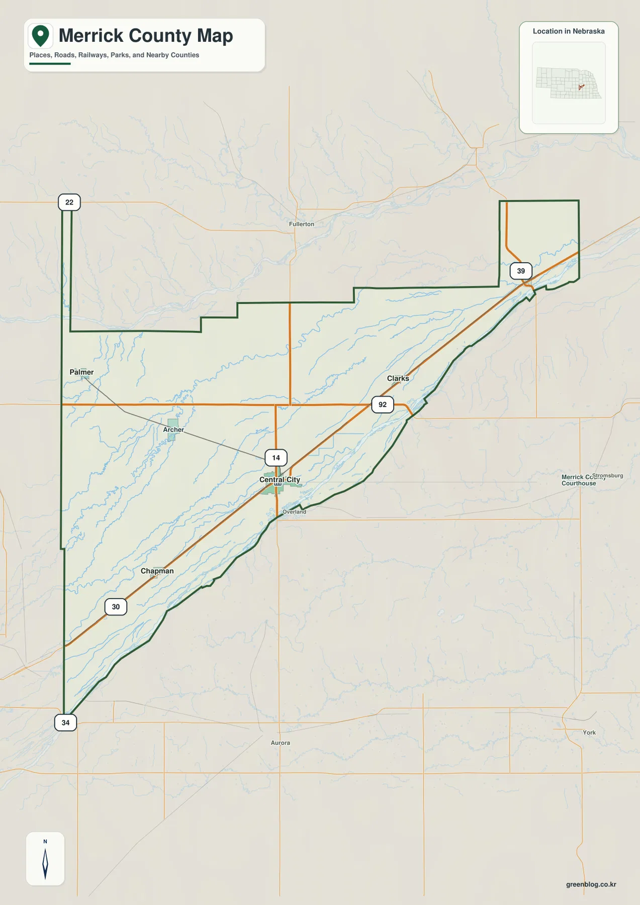 Merrick County Nebraska에서 Central City, Palmer, Clarks, Silver Creek, Chapman, U.S. 30과 Highway 14·92를 표시한 카운티 지도