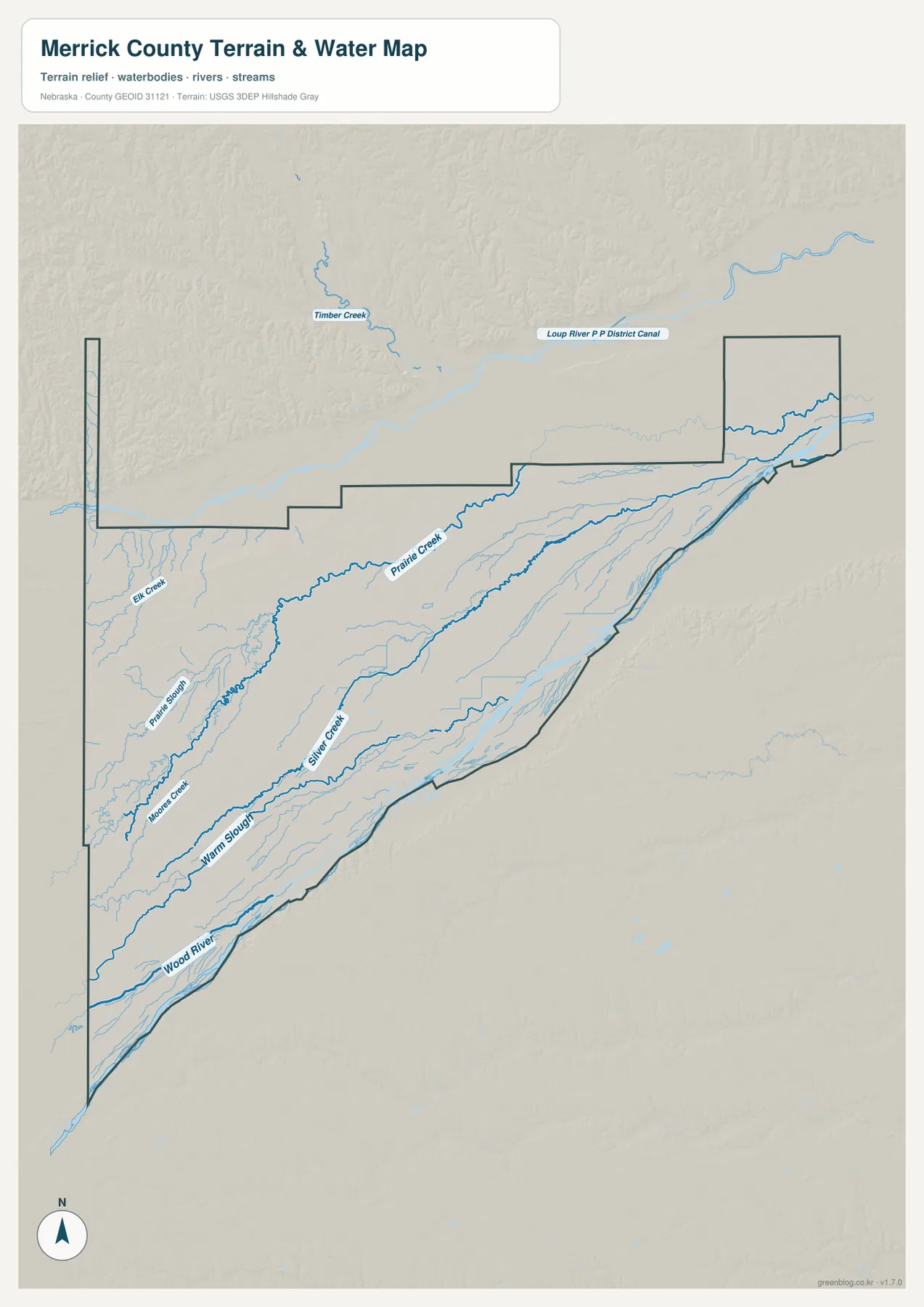 Merrick County의 Platte River 경계, Wood River, Warm Slough, Prairie Creek, Silver Creek, Moon Creek와 Elk Creek를 표시한 수역 지형 지도