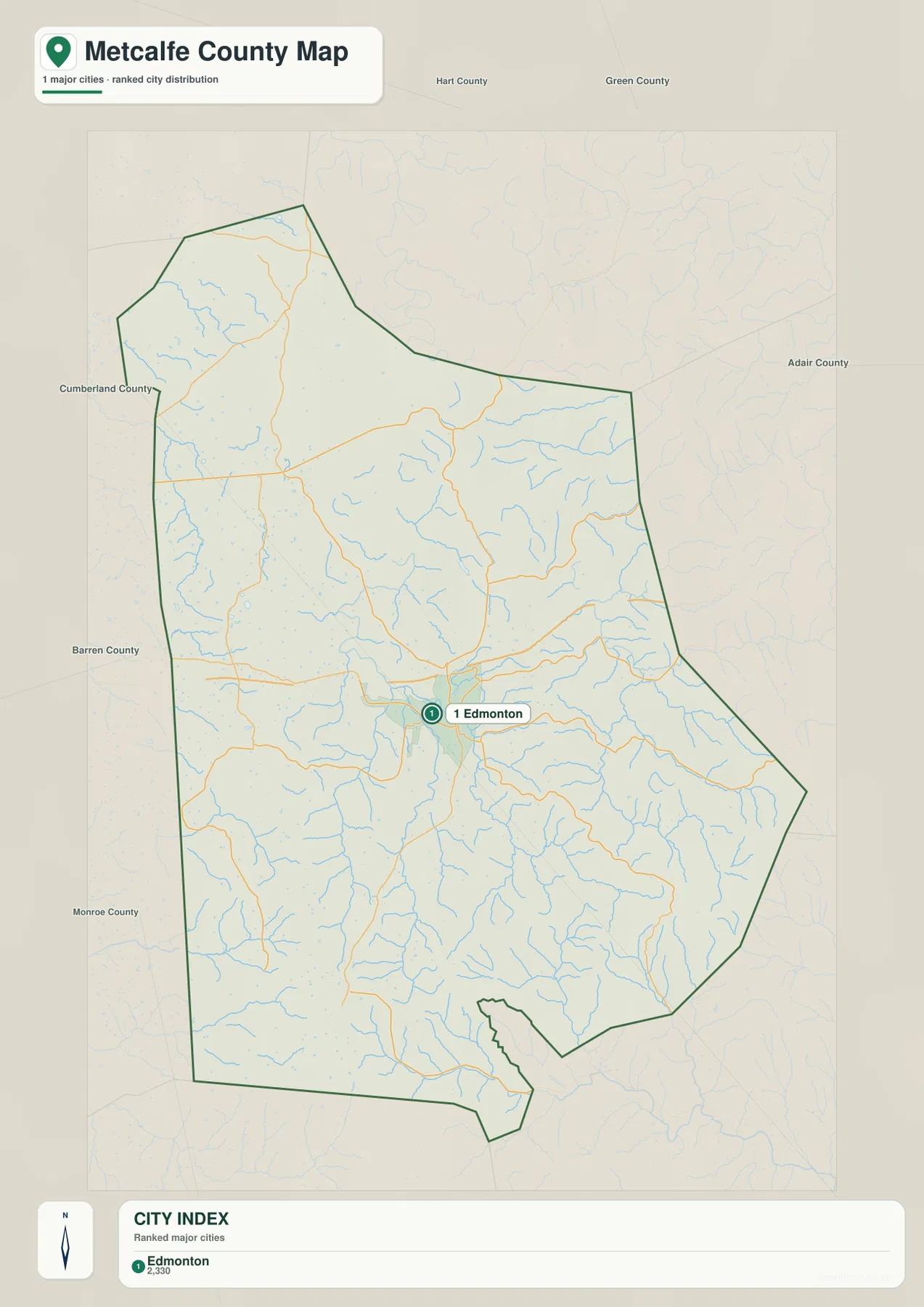 Metcalfe County 도시 분포 지도에서 주요 도시 Edmonton과 주변 Hart, Green, Adair, Cumberland, Barren, Monroe 카운티를 보여 주는 지도