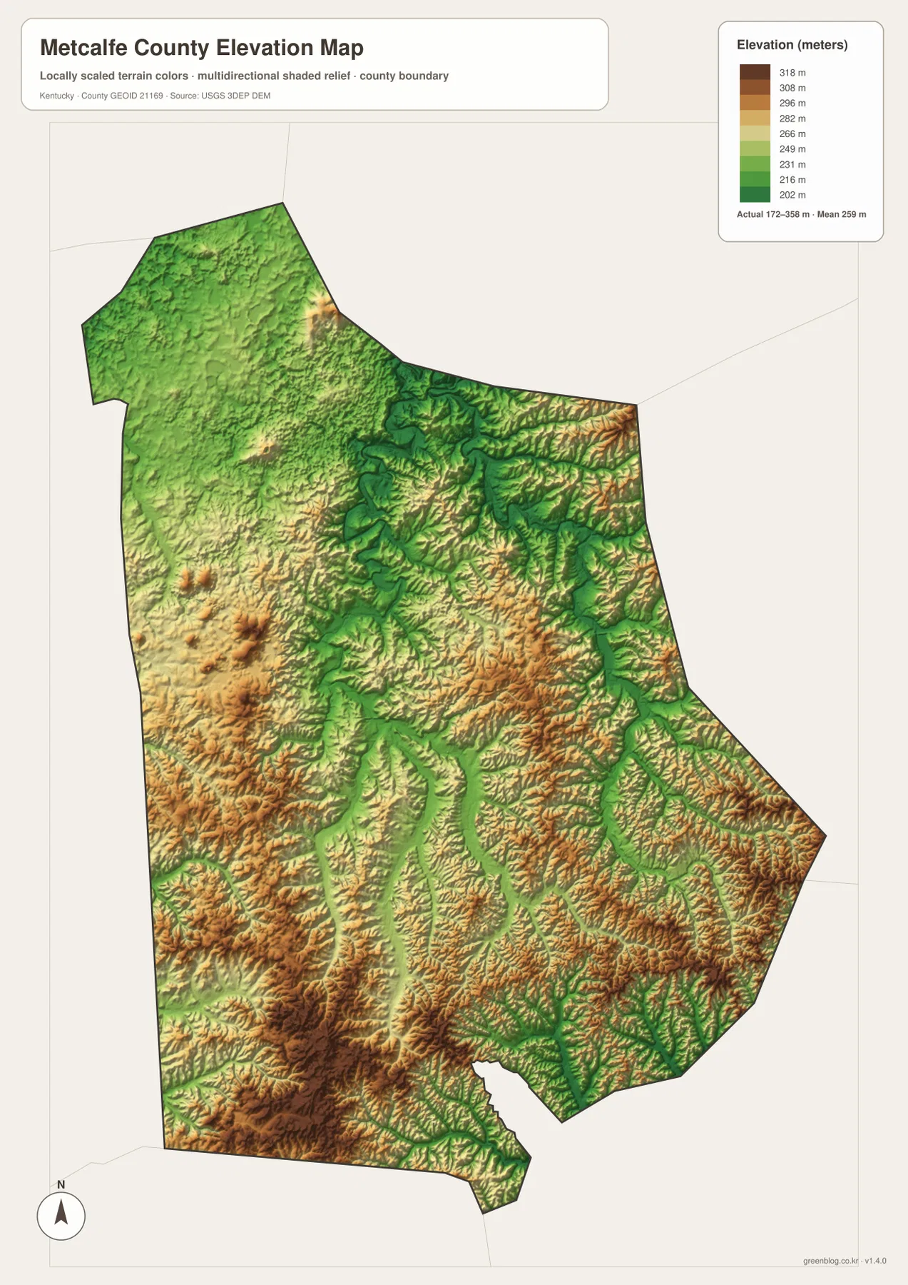 Metcalfe County의 약 172~358m 고도 범위와 Little Barren River 골짜기, 남서부·동부의 높은 능선을 보여 주는 고도 지도