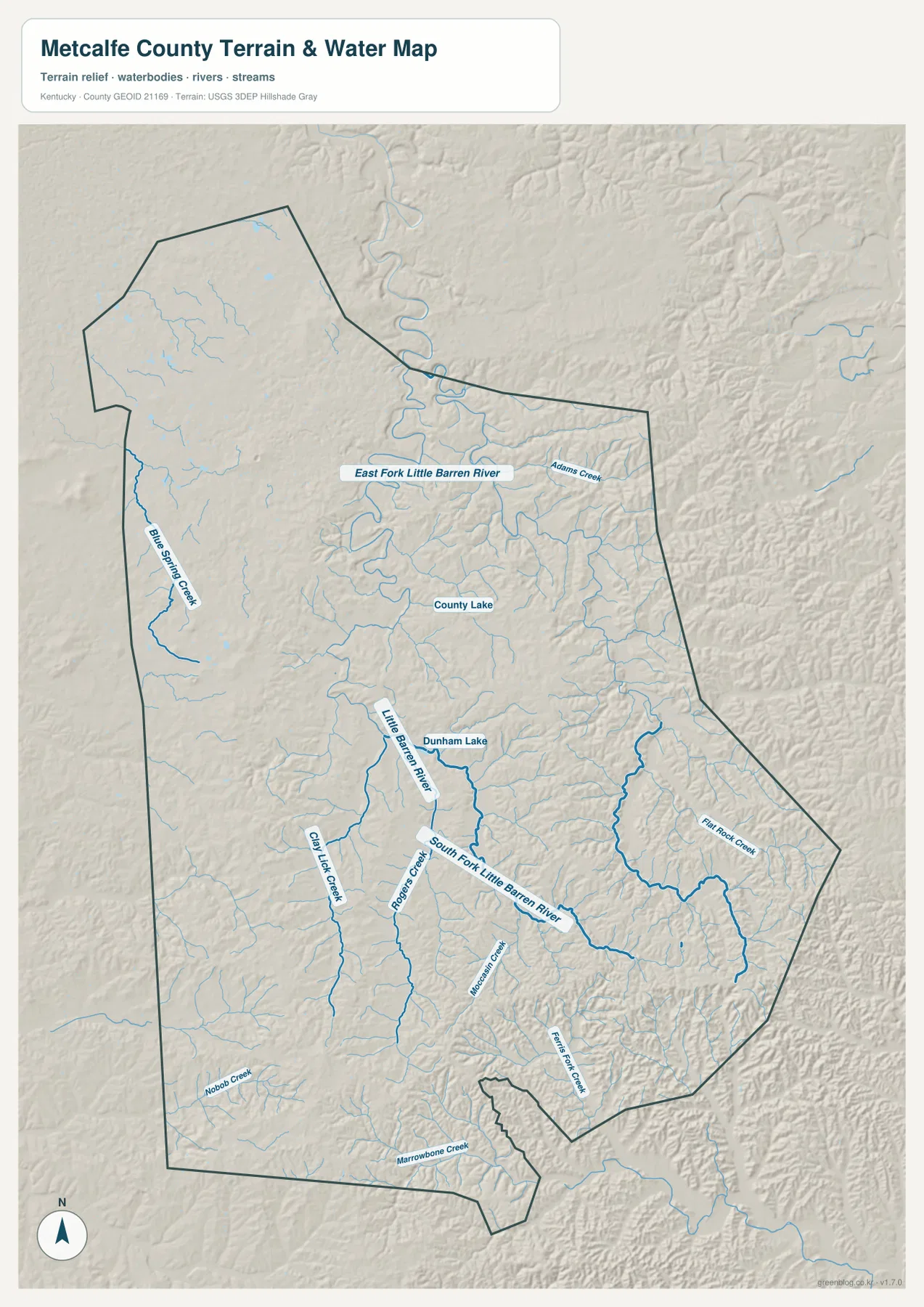 Metcalfe County의 Little Barren River, East Fork Little Barren River, South Fork Little Barren River, Blue Spring Creek, Dunham Lake, County Lake와 주요 지류를 표시한 수역·지형 지도