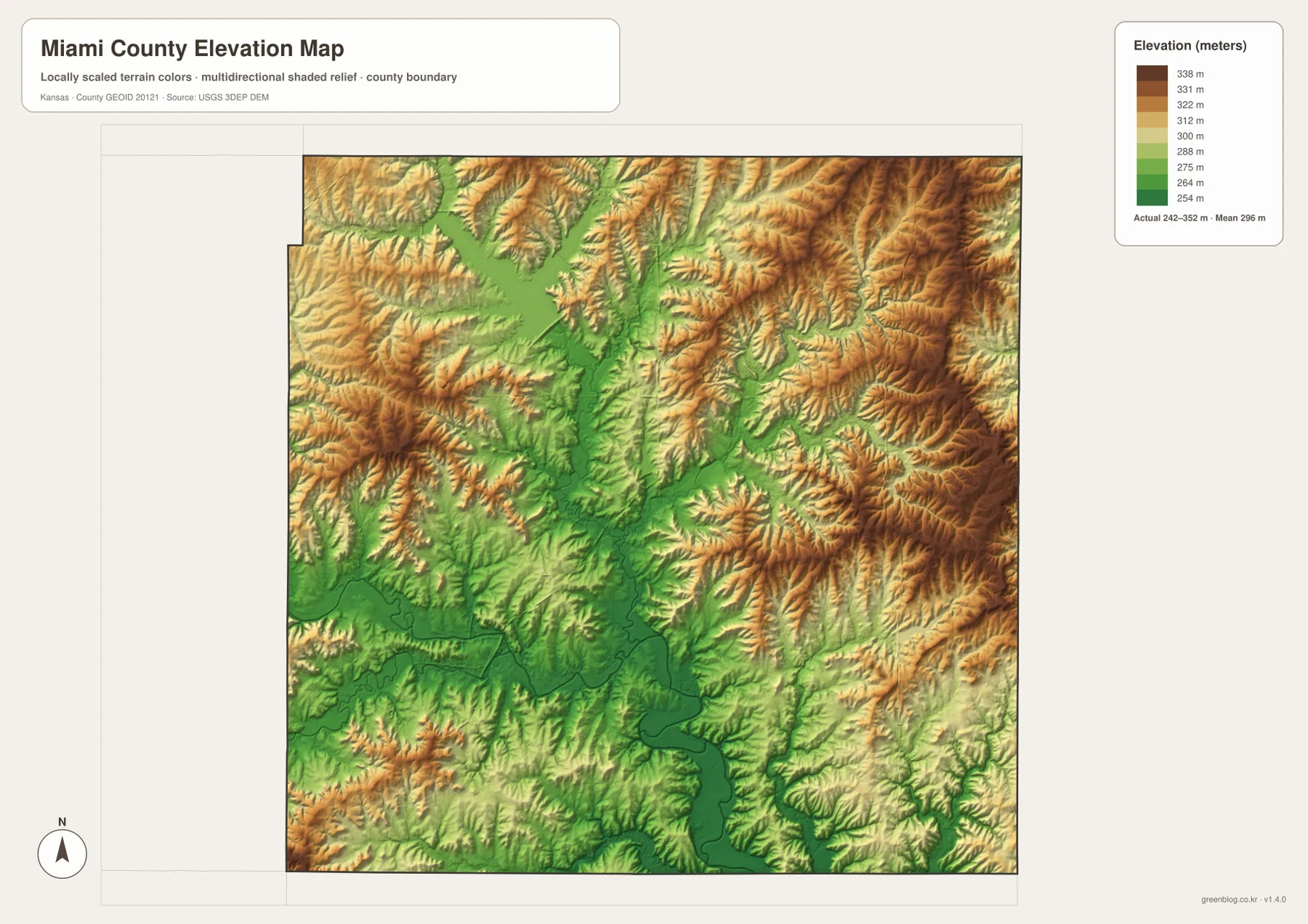 Miami County Kansas elevation map showing 242 to 352 meter terrain, Marais des Cygnes River lowlands and higher eastern hills