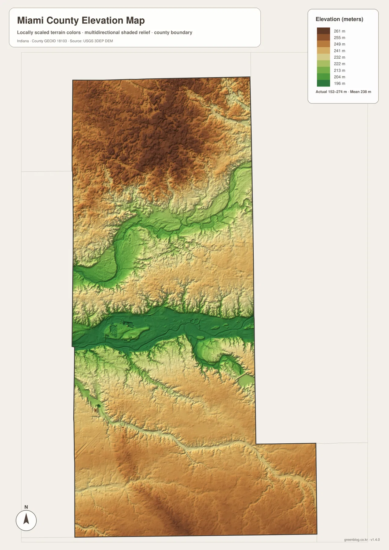 Miami County elevation map showing high brown terrain in the north and a low green Wabash River corridor through the center