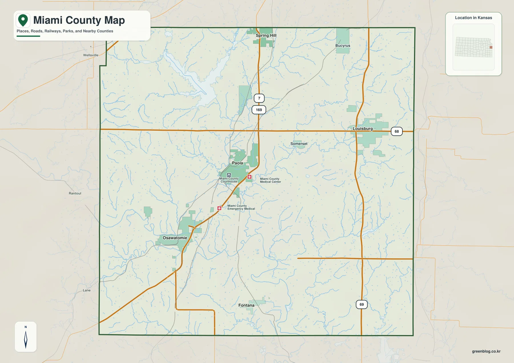 Miami County Kansas map showing Paola, Louisburg, Osawatomie, Fontana, US 169, US 69 and K-68