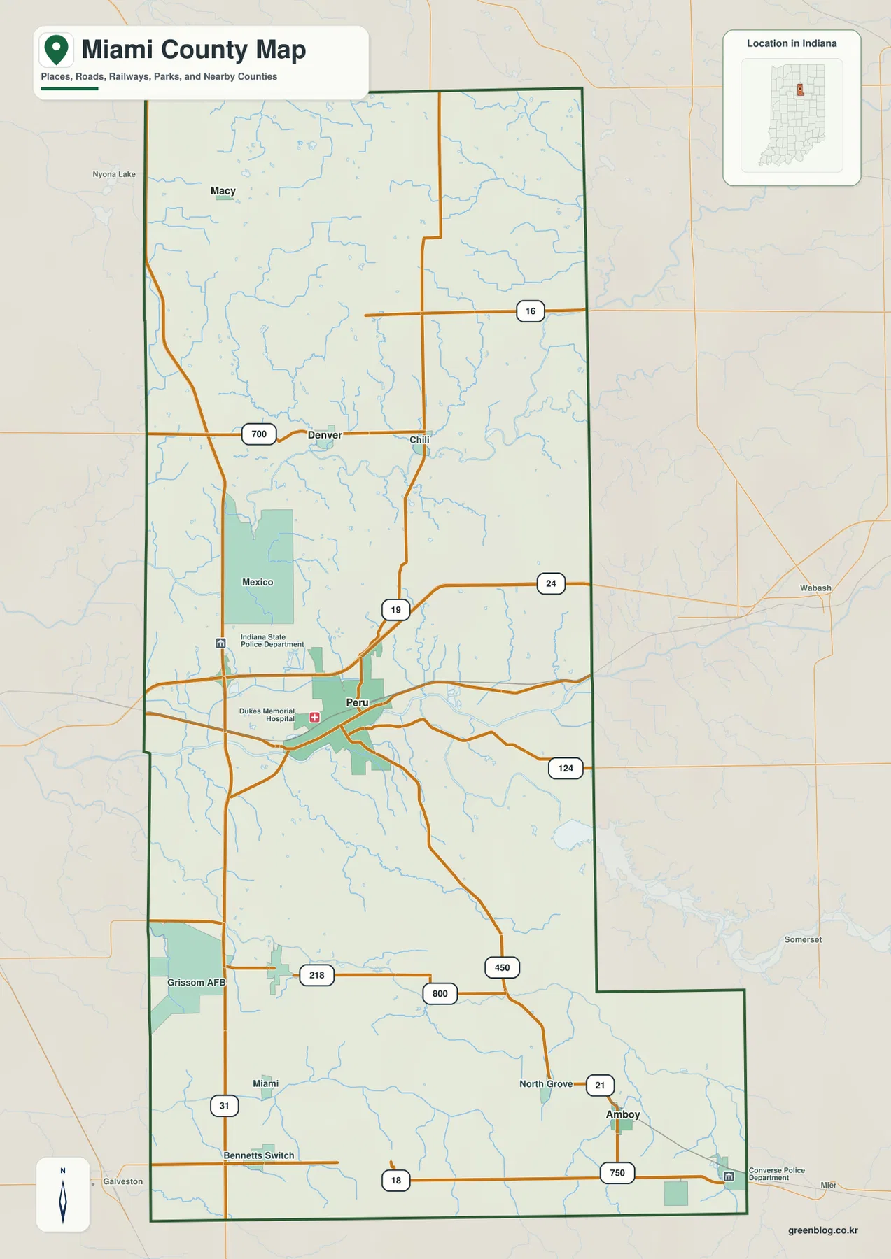 Miami County Indiana general map showing Peru, Denver, Chili, Macy, Bunker Hill, Amboy, Grissom Air Reserve Base, and major roads