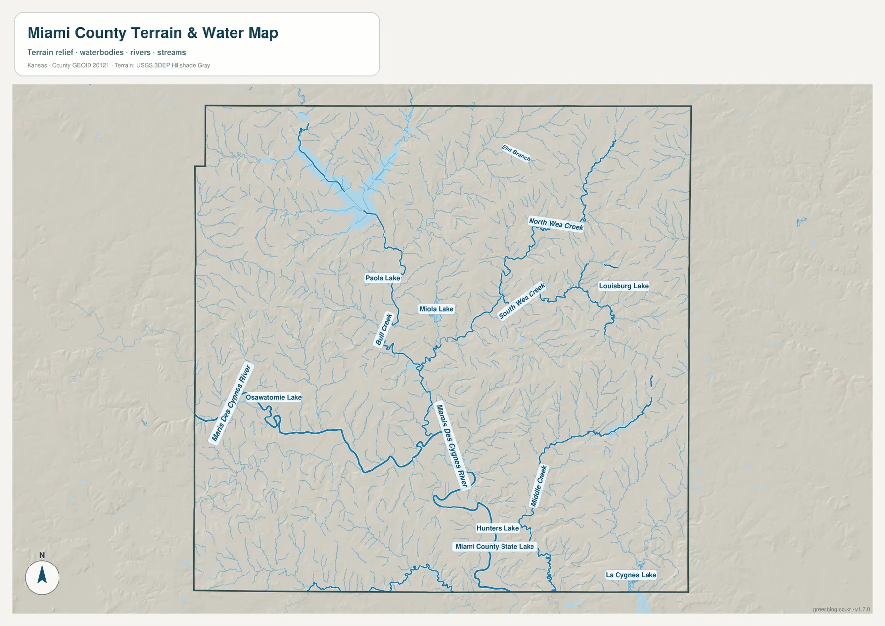 Miami County Kansas terrain and water map showing Marais des Cygnes River, Bull Creek, North and South Wea Creek, Middle Creek and lakes