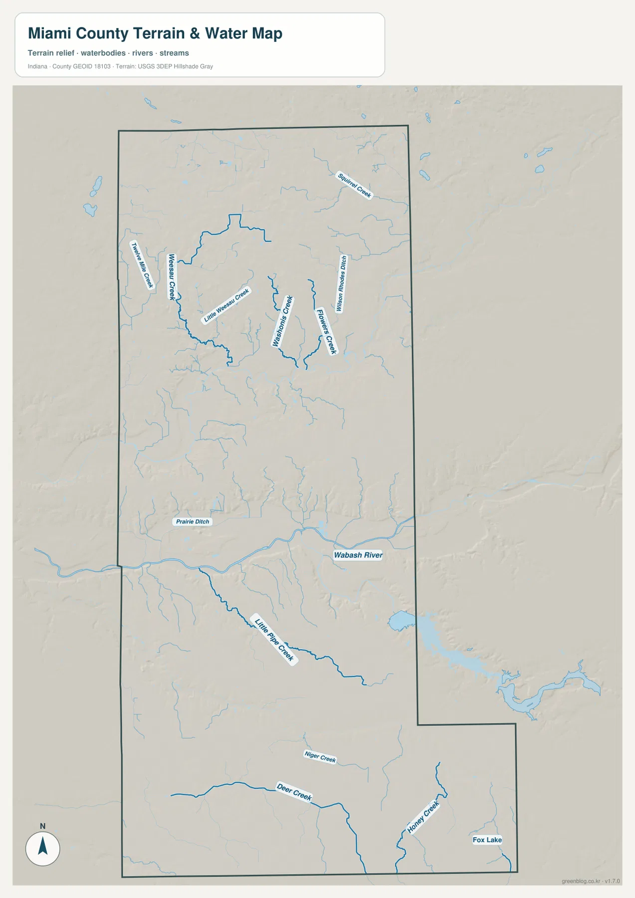 Miami County terrain and water map showing Wabash River, Little Pipe Creek, Deer Creek, Honey Creek, Tenmile Creek, Washington Creek, Flowers Creek, and Fox Lake