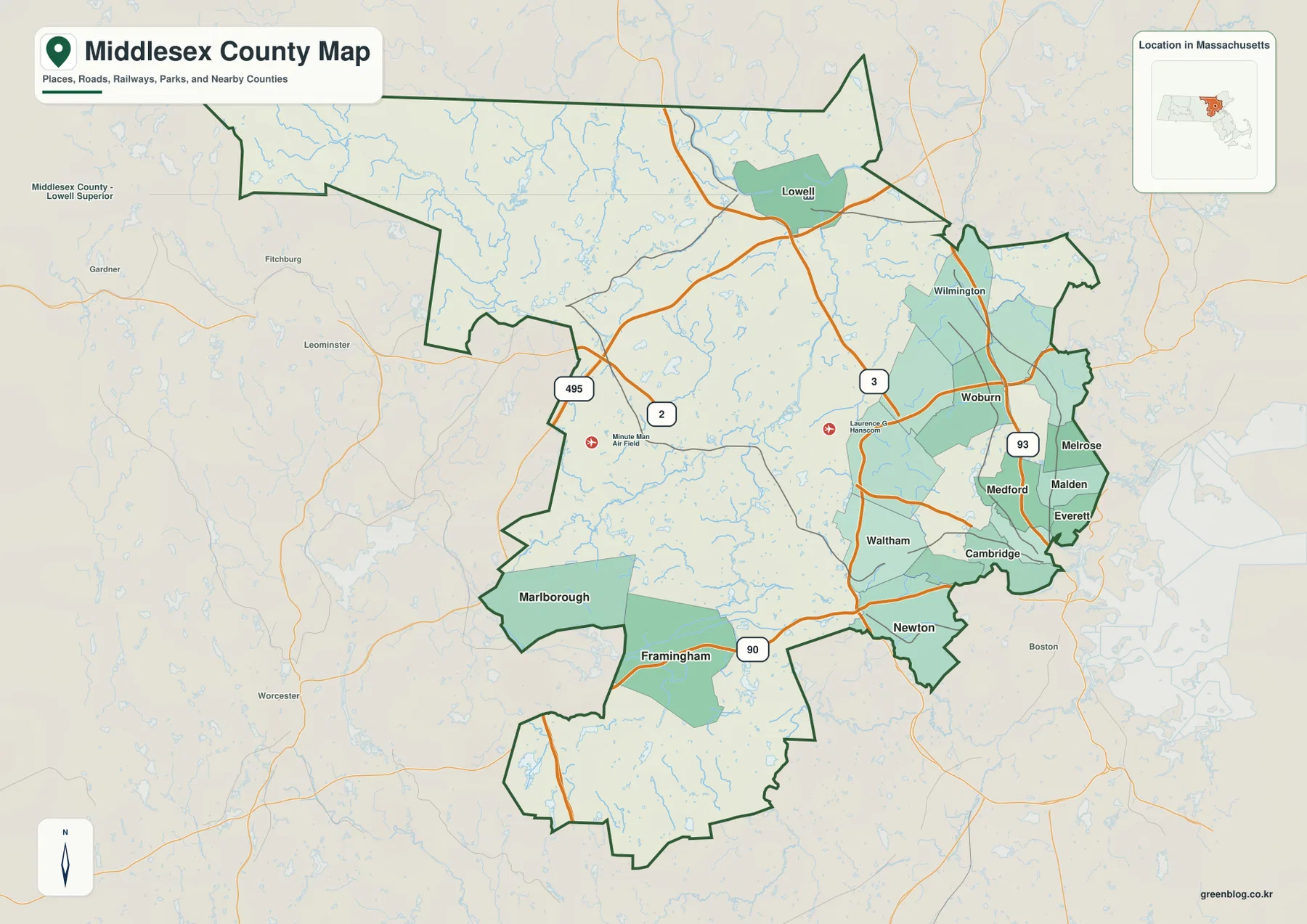 Cambridge, Lowell, Waltham, Newton, Framingham, Marlborough와 I-90, I-93, I-495, Route 2, Route 3이 표시된 Middlesex County Massachusetts 지도