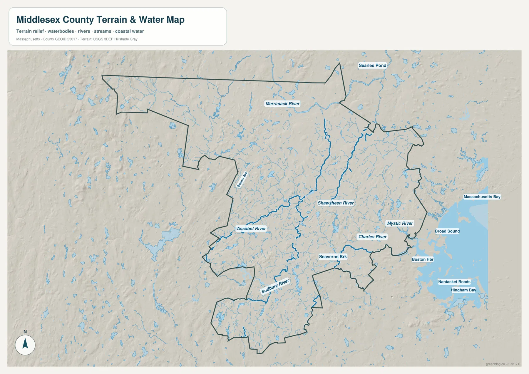 Merrimack River, Shawsheen River, Assabet River, Sudbury River, Mystic River, Charles River와 지형 음영이 표시된 Middlesex County 지도