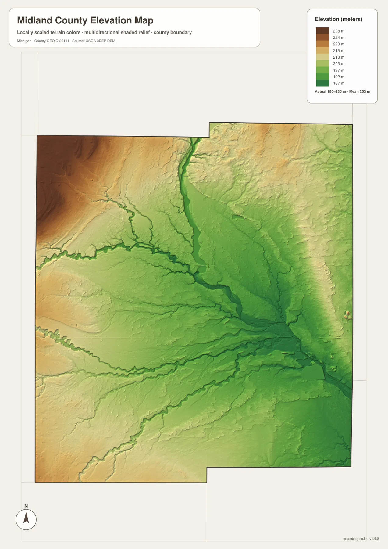 Midland County elevation map showing about 180 to 235 meters, higher northwestern terrain, and lower river valleys near Midland