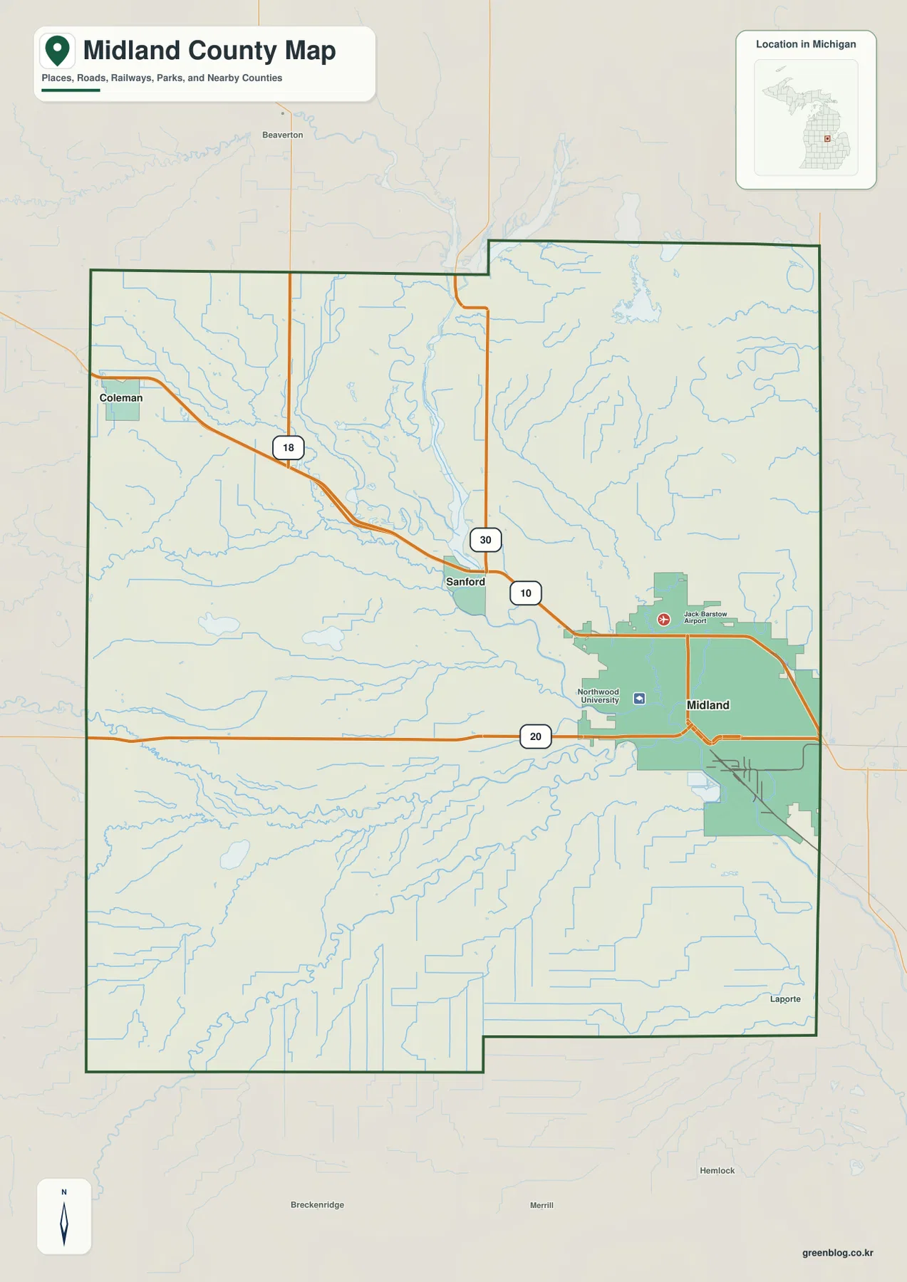 Midland County Michigan map with Midland, Sanford, Coleman, US-10, M-20, M-30, M-18, and major streams