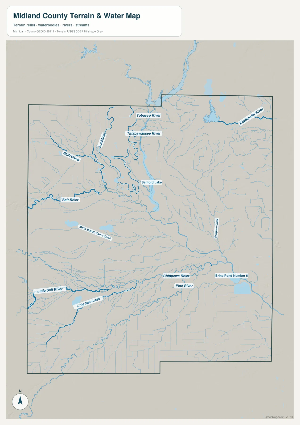 Midland County terrain and water map with Tittabawassee River, Sanford Lake, Tobacco River, Chippewa River, Pine River, Salt River, and Kawkawlin River
