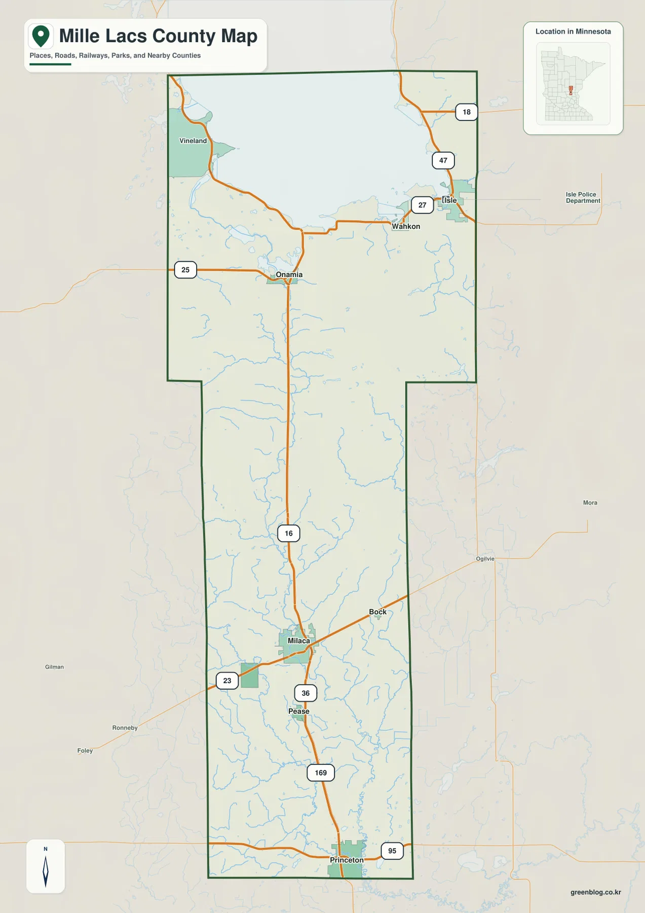 Mille Lacs County의 Mille Lacs Lake, Onamia, Milaca, Princeton과 주요 도로 지도