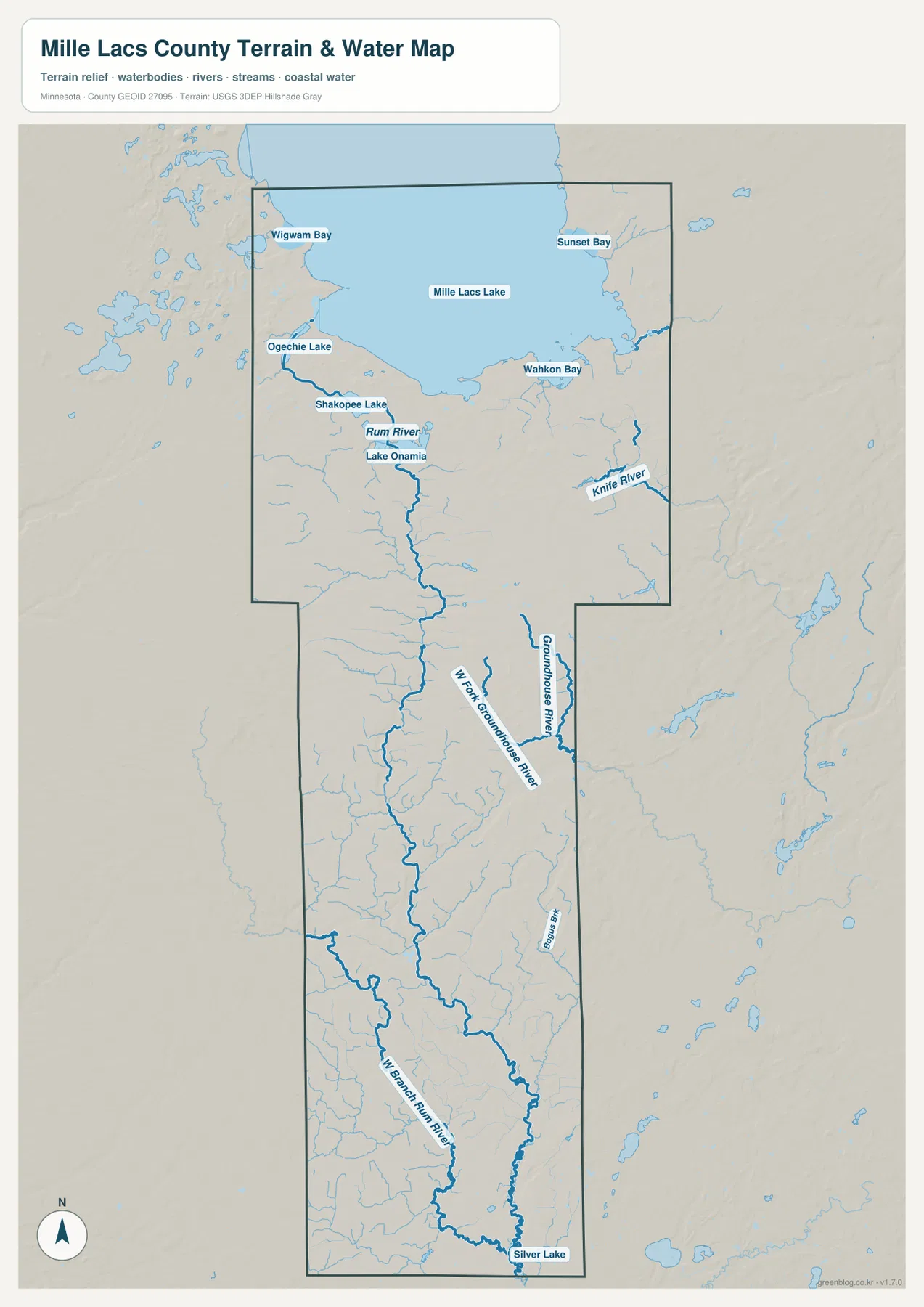 Mille Lacs Lake와 Rum River, Groundhouse River, Knife River를 표시한 수역 지도