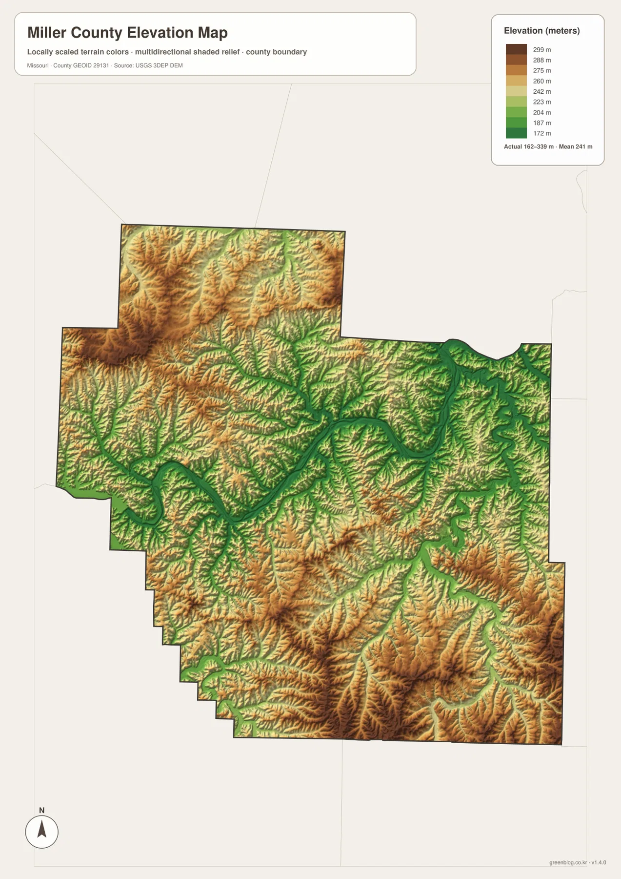 Miller County elevation map showing 162 to 339 meter terrain and the low Osage River corridor