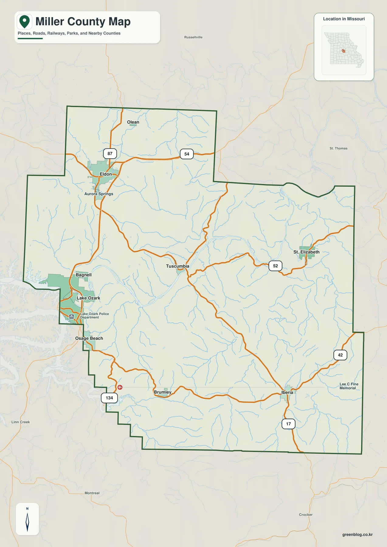 Miller County Missouri map with Eldon, Tuscumbia, Iberia, U.S. 54, and the Osage River