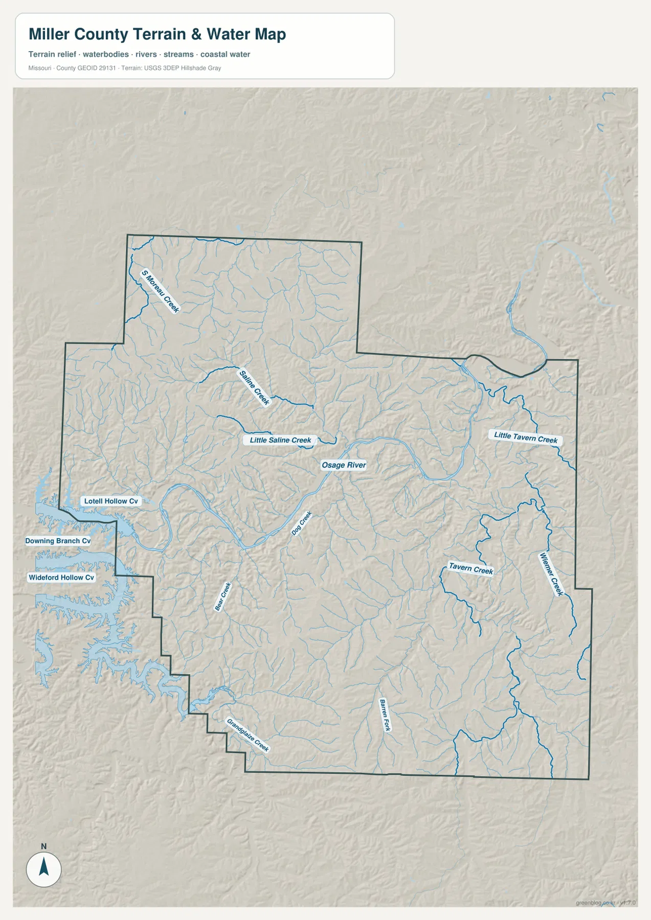 Miller County terrain and water map showing the Osage River, Saline Creek, Tavern Creek, and Lake of the Ozarks coves
