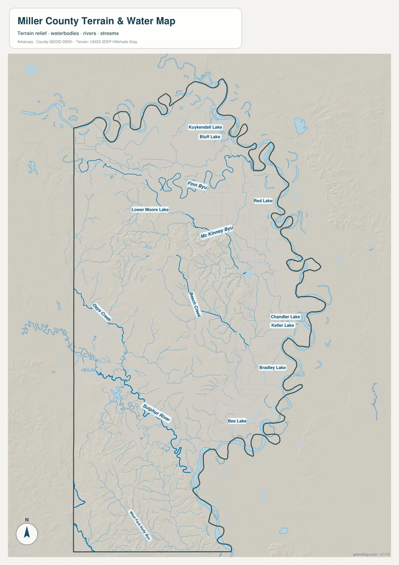 Red River 경계, Sulphur River, Finn Bayou, McKinney Bayou와 여러 호수를 표시한 밀러 카운티 수역 지형 지도