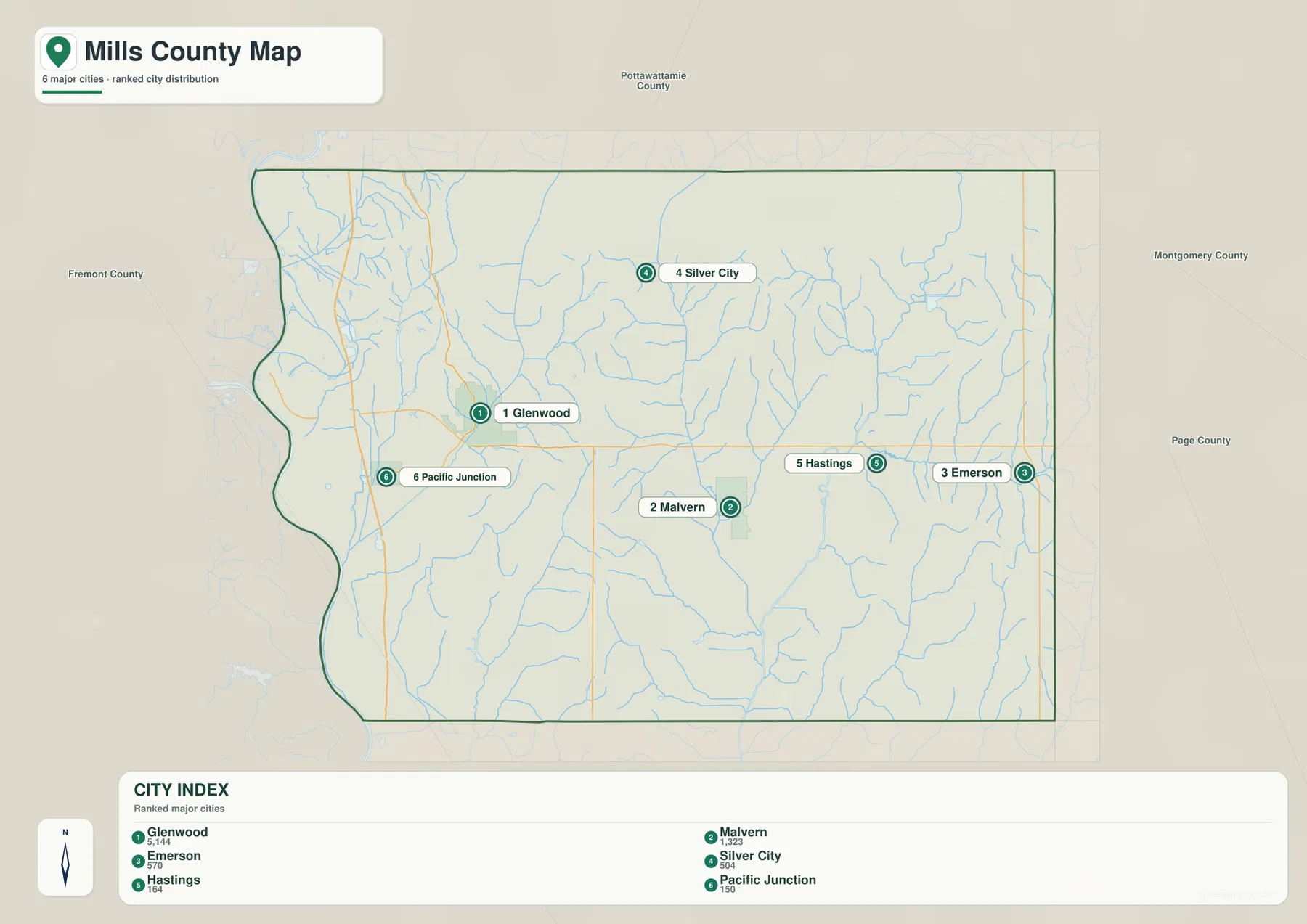 Mills County Iowa city map Glenwood Malvern Emerson Silver City Hastings Pacific Junction