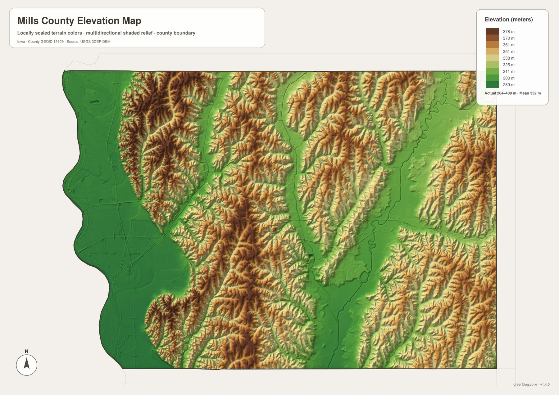 Mills County Iowa elevation map 284 409 meters western lowland central ridges