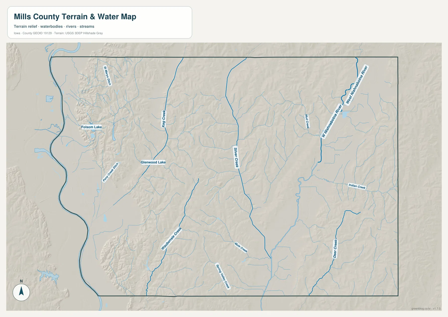 Mills County Iowa water map Waubonsie Creek Keg Creek West Nishnabotna River