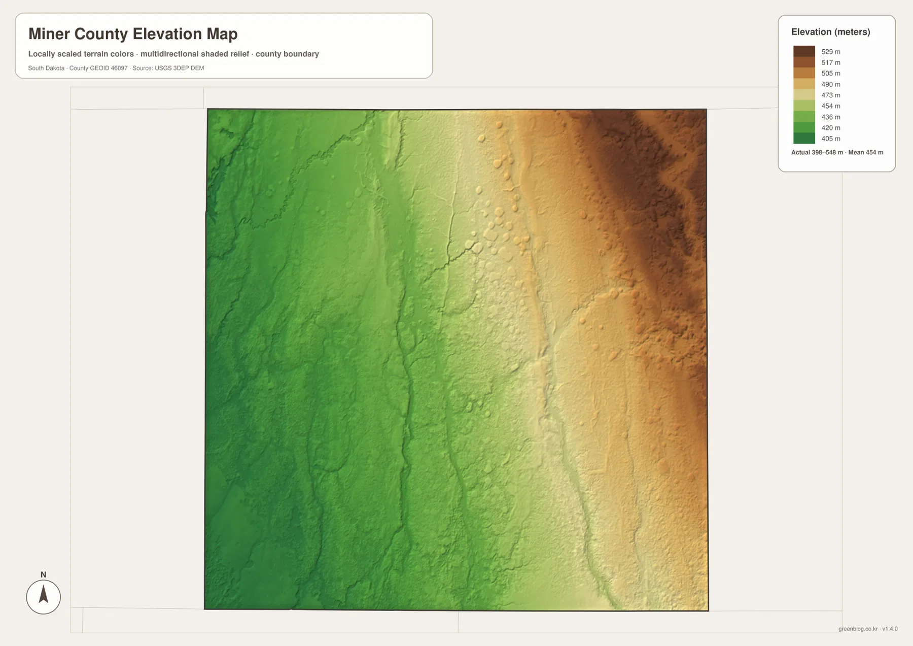 Miner County South Dakota elevation map showing about 398 to 548 meters, lower western terrain and higher eastern ground