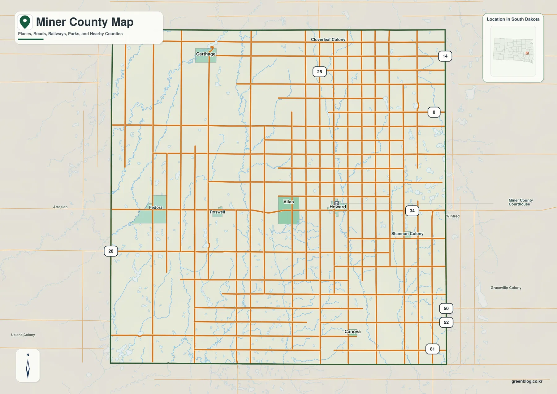 Miner County South Dakota general map showing Howard, Vilas, Canova, Carthage and numbered roads