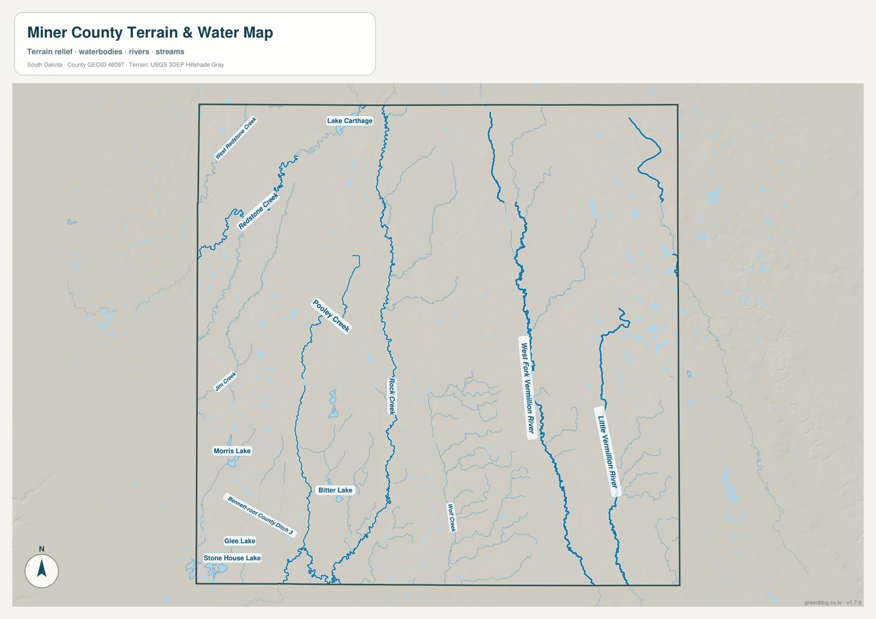 Miner County water map showing Redstone Creek, Rock Creek, West Fork Vermillion River, Little Vermillion River and western lakes