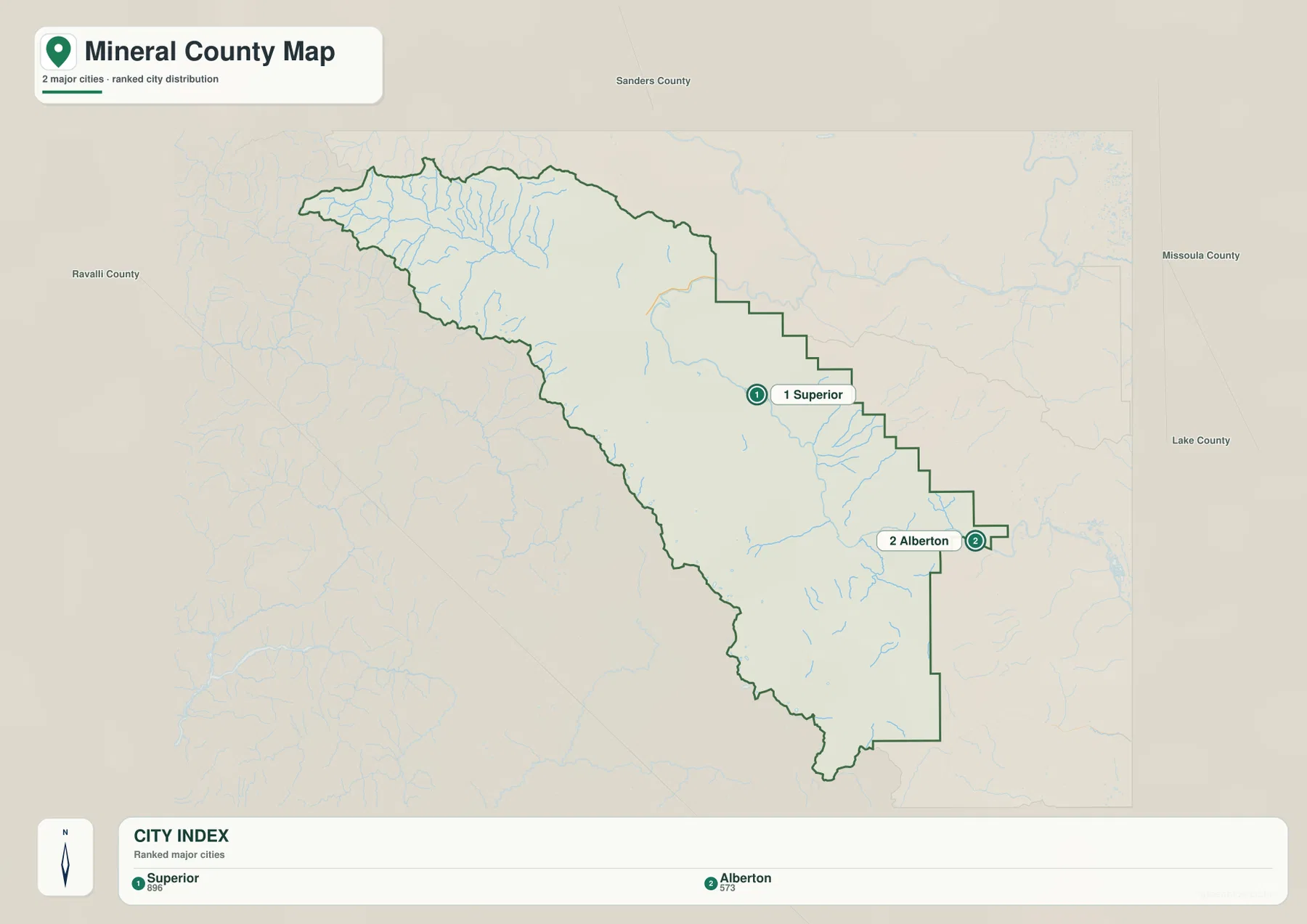 Mineral County city map showing Superior and Alberton as the two ranked cities