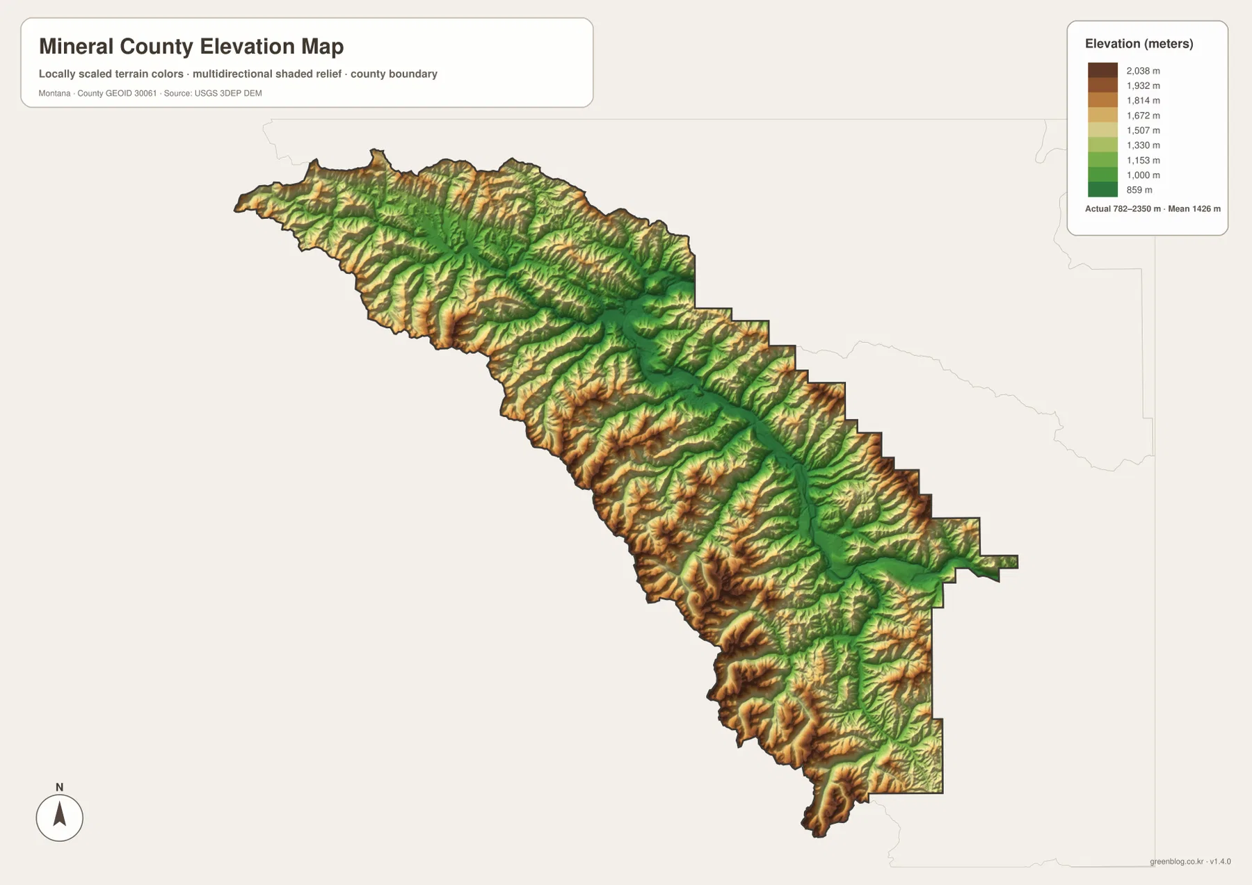 Mineral County Montana elevation map showing an actual range of 782 to 2350 meters and a mean of 1426 meters