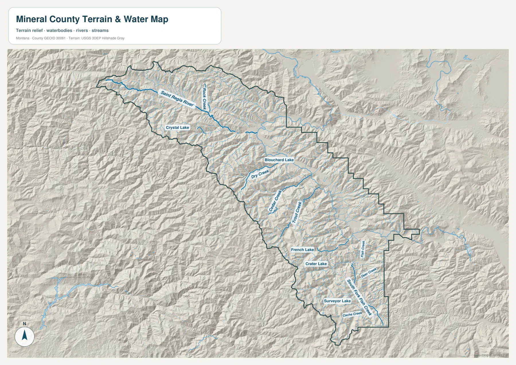 Mineral County terrain and water map showing Saint Regis River, Rock Creek, Dry Creek, Cedar Creek, Trout Creek, Fish Creek, and mountain lakes