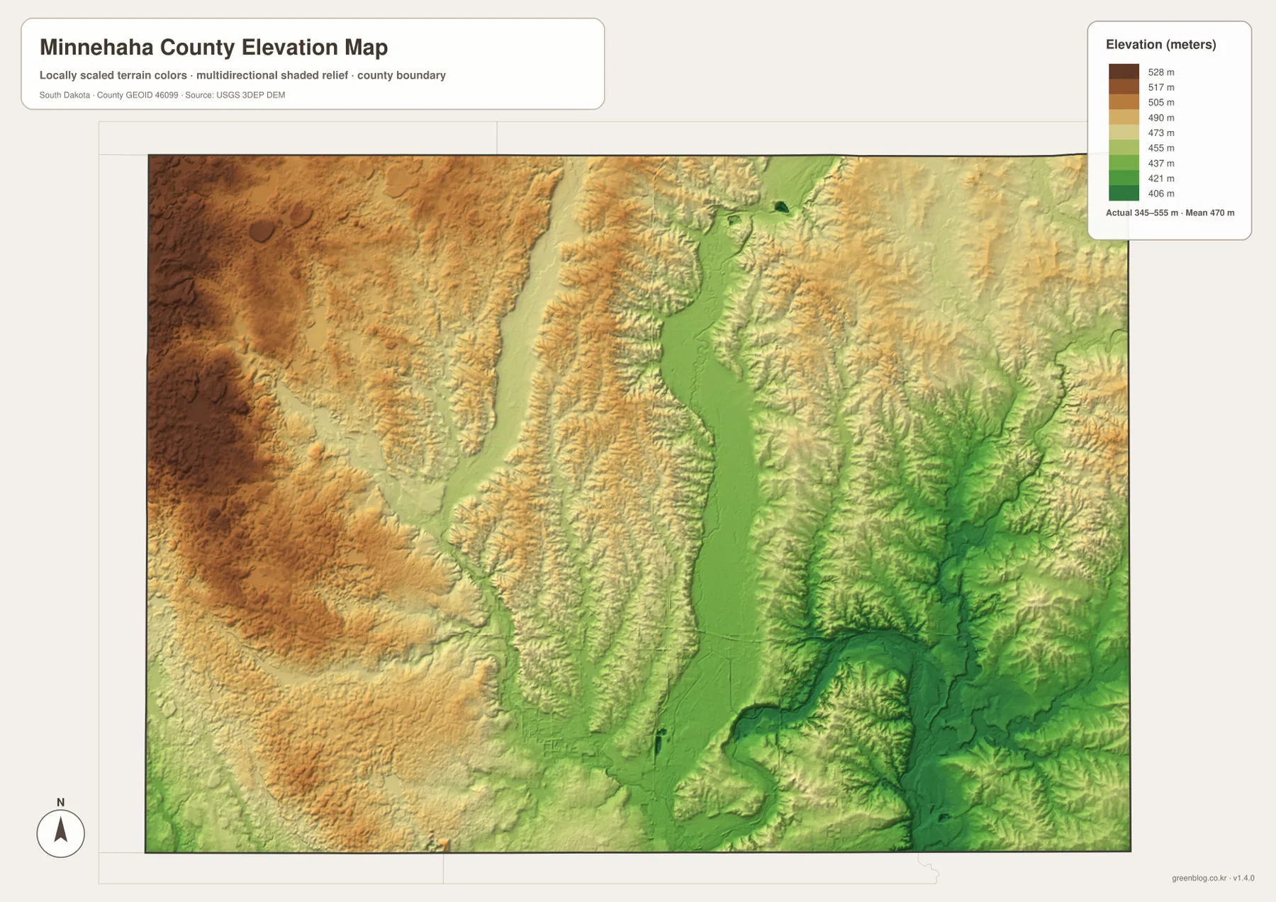 Minnehaha County South Dakota elevation map showing about 345 to 555 meters, higher western ground and lower Big Sioux River valleys