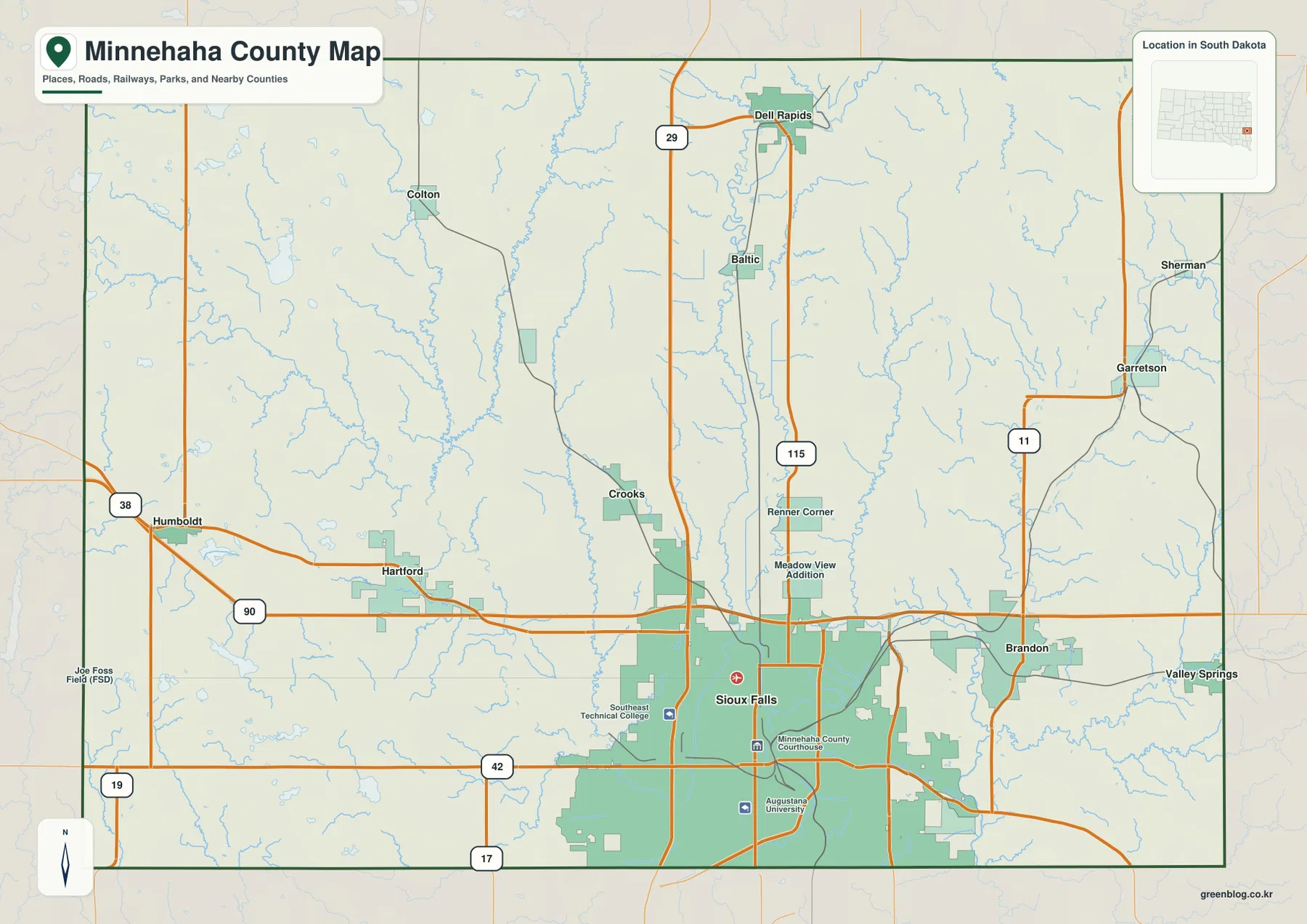 Minnehaha County South Dakota general map showing Sioux Falls, Brandon, Hartford, Dell Rapids, I-90 and I-29