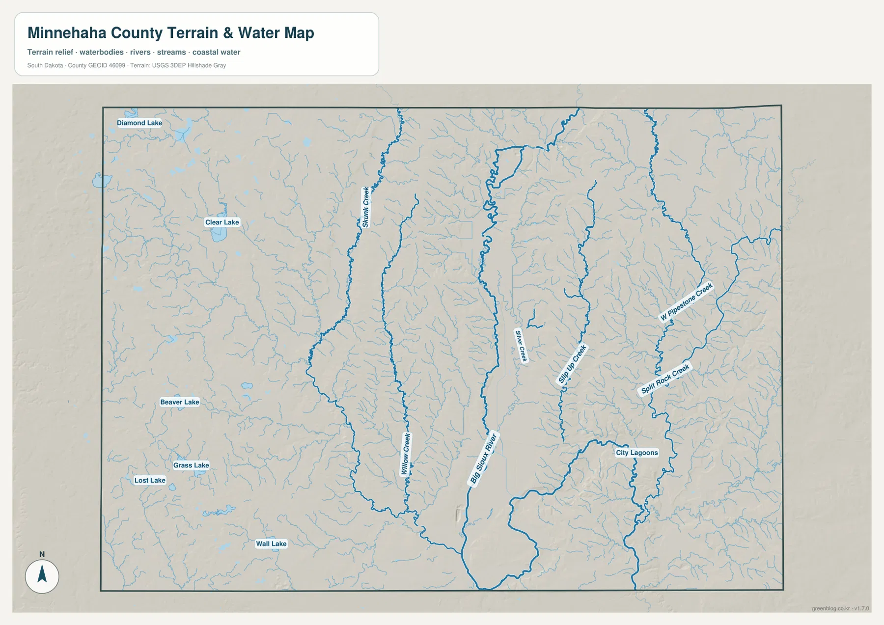 Minnehaha County water map showing Big Sioux River, Skunk Creek, Willow Creek, Split Rock Creek and western lakes