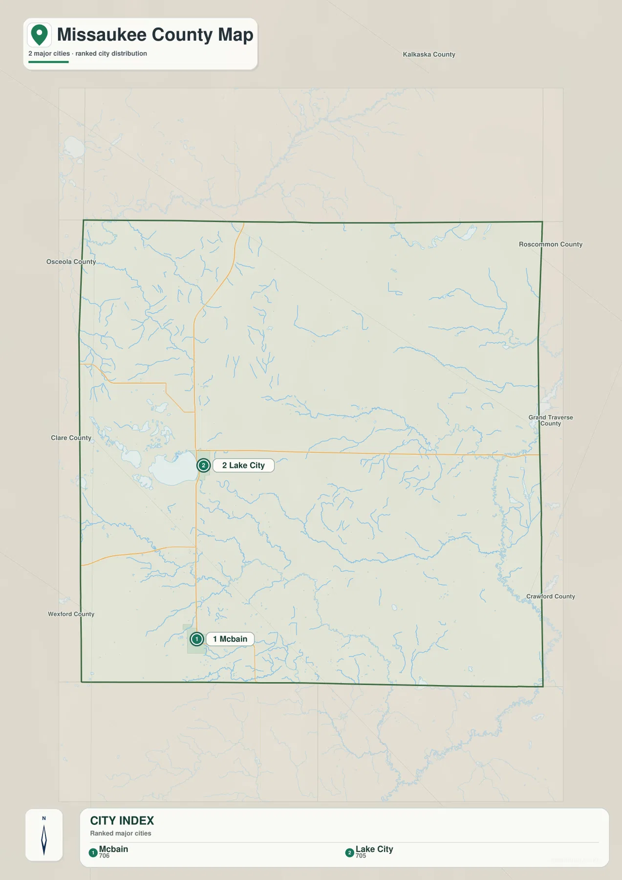 Missaukee County city map comparing Lake City and McBain