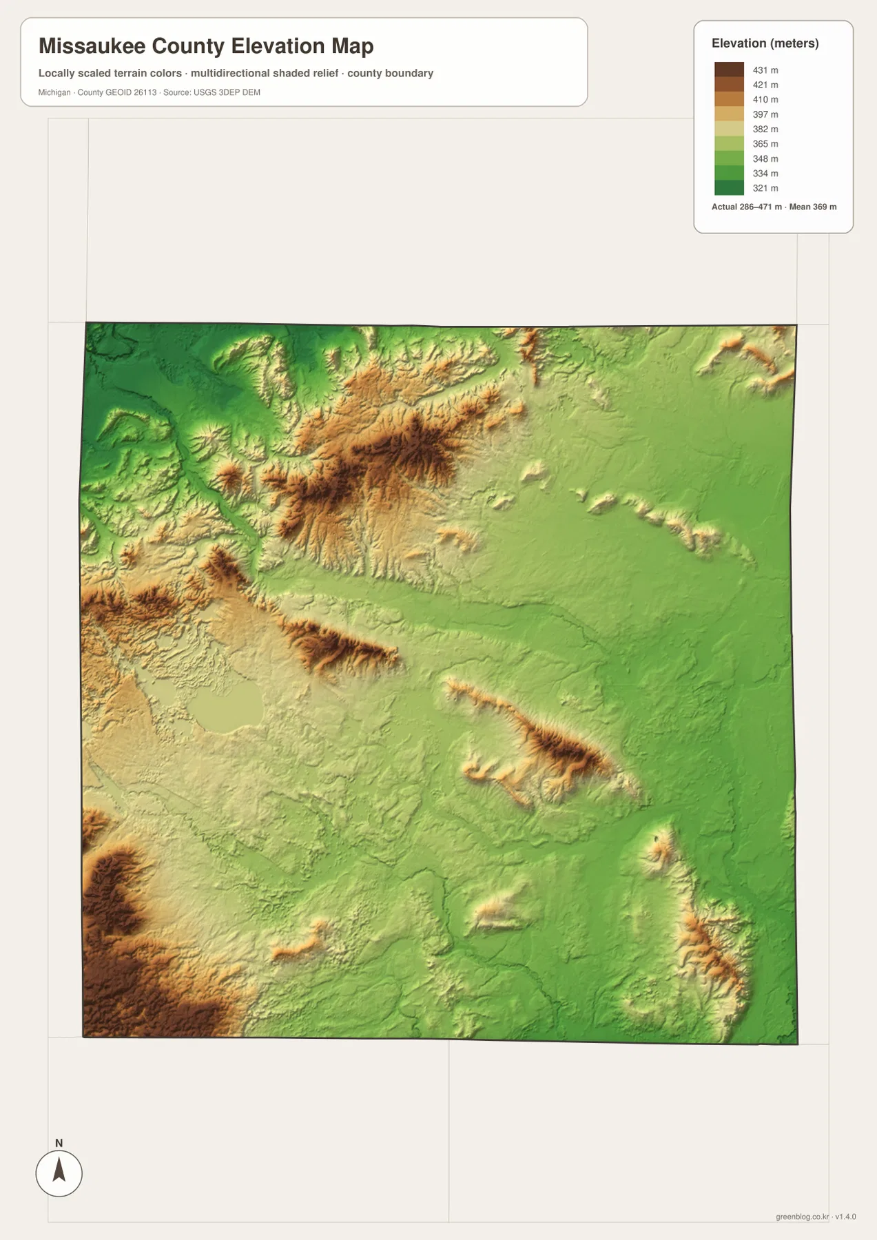 Missaukee County elevation map showing approximately 286 to 471 meters, high north-central and southwestern terrain, and lower eastern areas