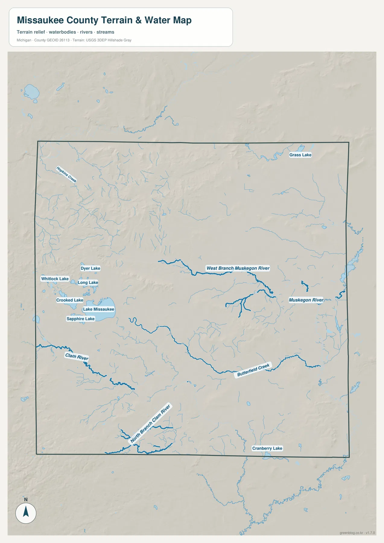 Missaukee County water map with Lake Missaukee, West Branch Muskegon River, Muskegon River, Clam River, Butterfield Creek, and nearby lakes