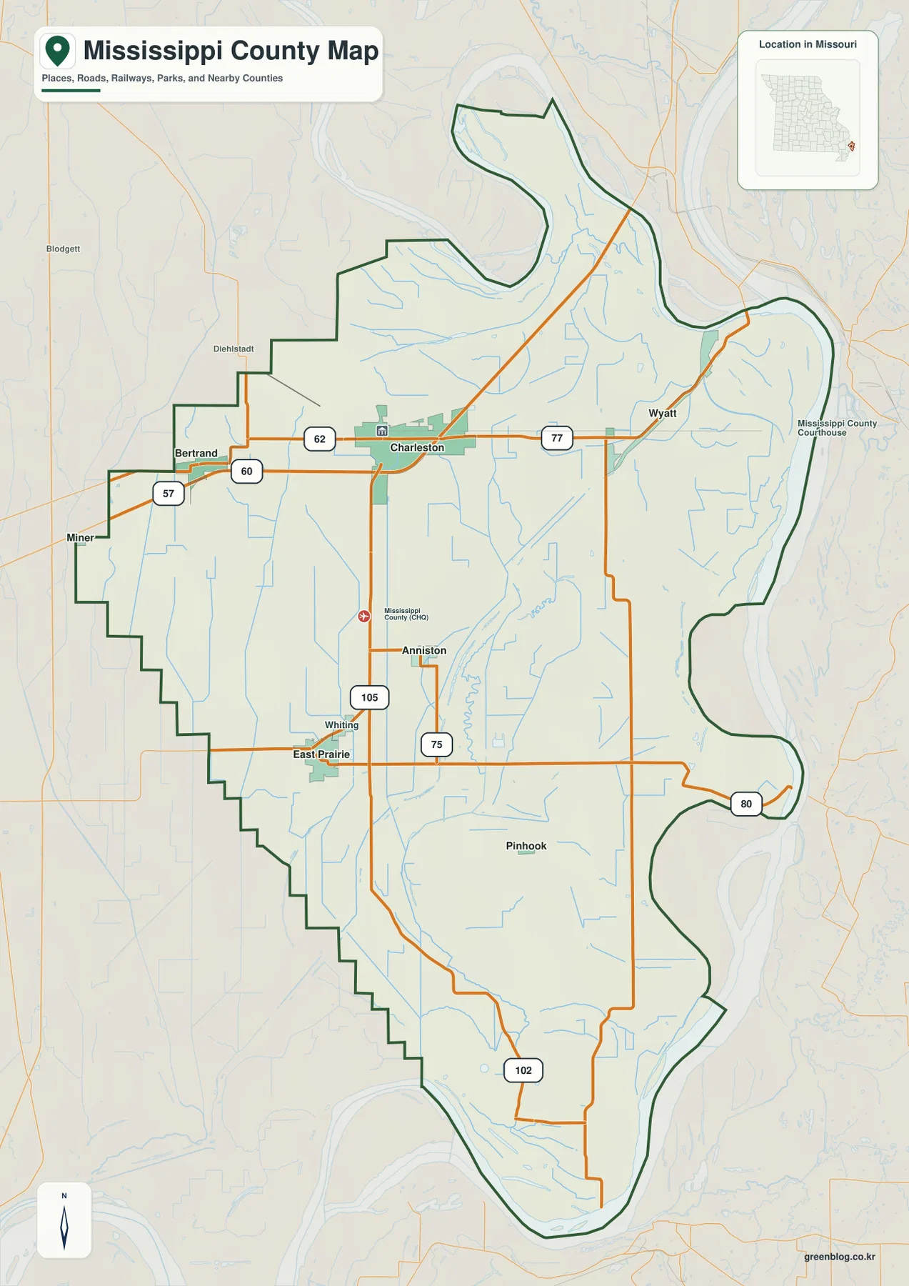 Charleston, Bertrand, Wyatt와 주요 도로를 표시한 미주리주 Mississippi County 지도