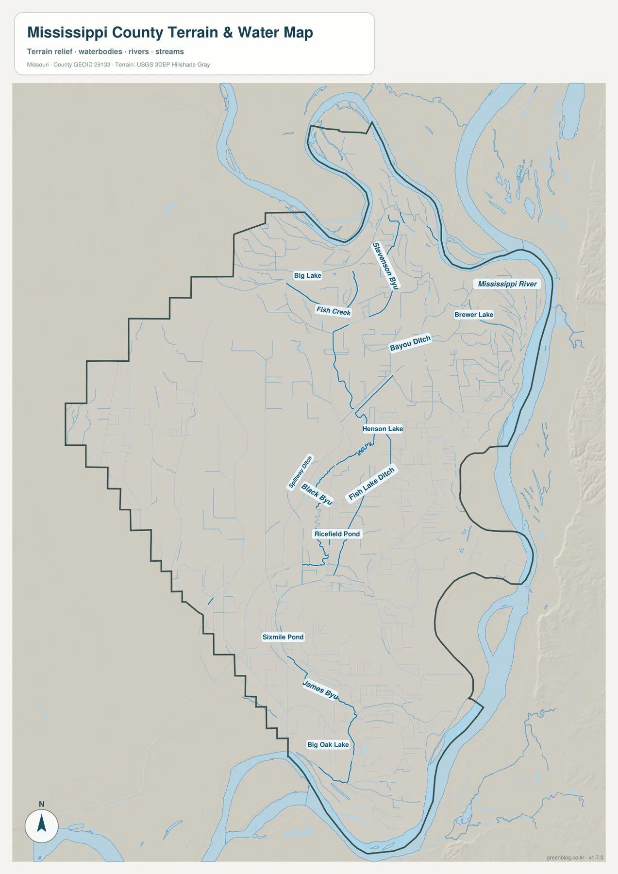 Mississippi River, Big Lake, Brewer Lake, Henson Lake, James Bayou가 표시된 Mississippi County 물길 지도