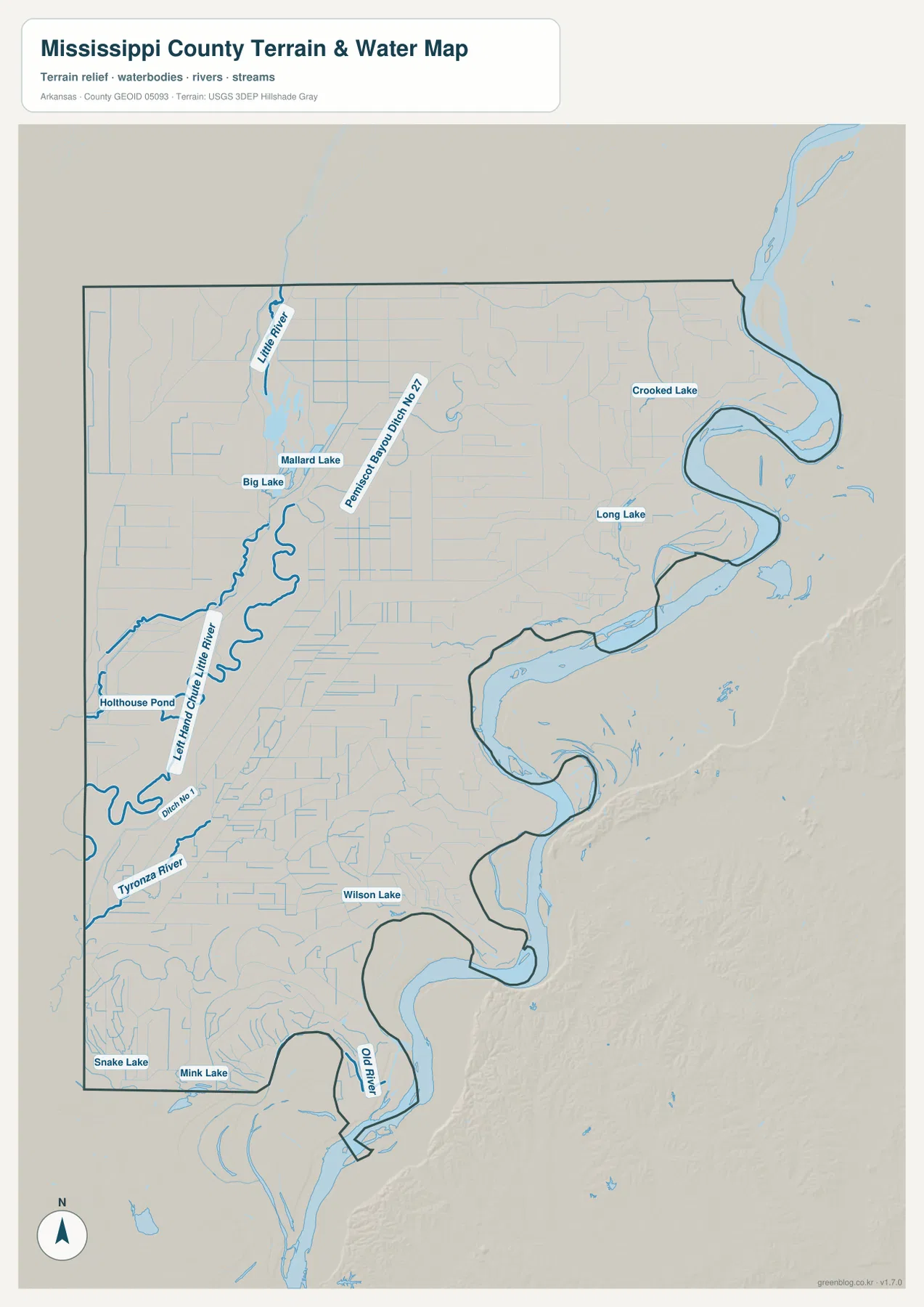 Big Lake, Little River, Left Hand Chute of Little River, Tyronza River와 Mississippi River 경계를 표시한 미시시피 카운티 수역 지형 지도