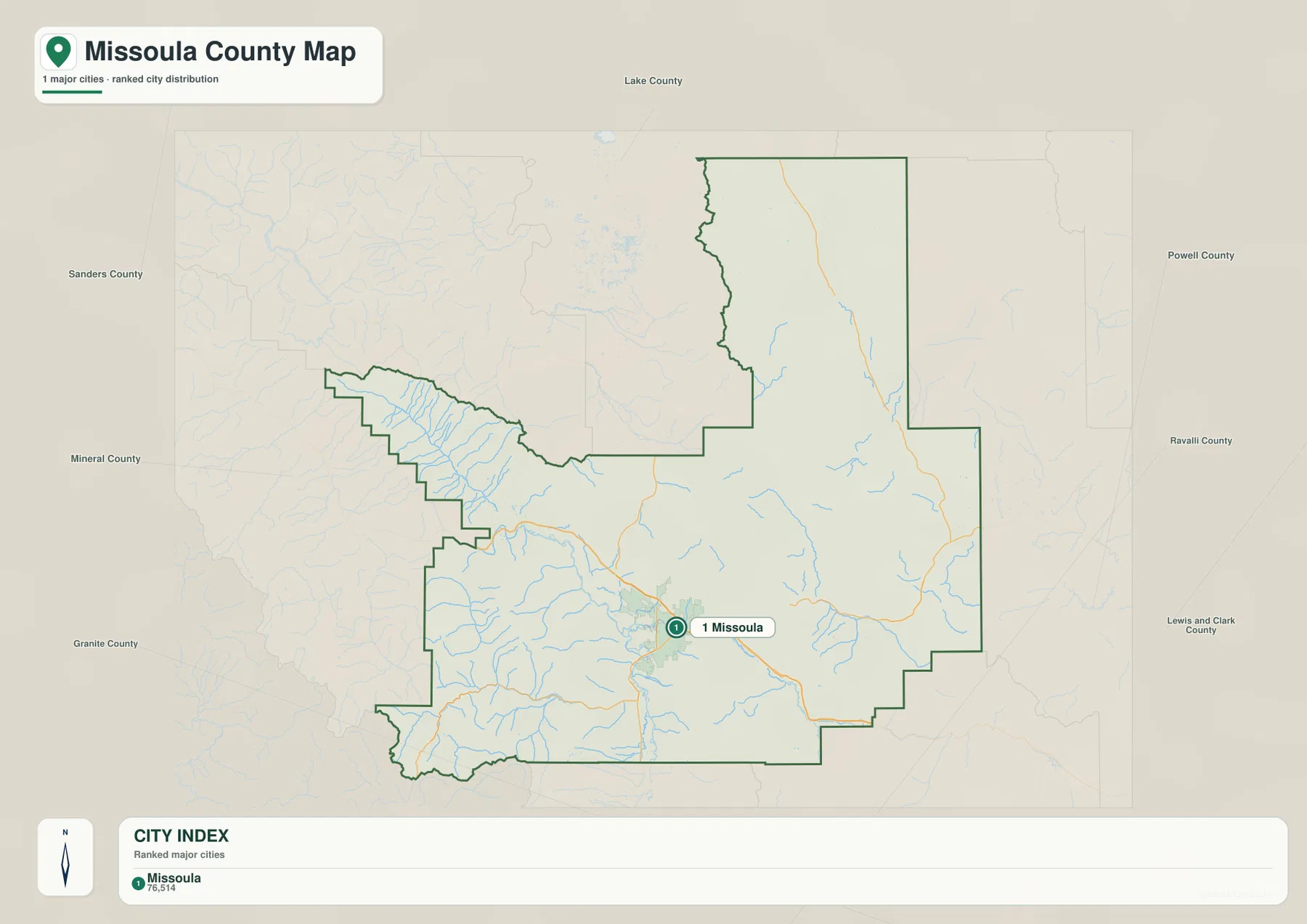 Missoula 한 곳의 위치와 순위를 표시한 Missoula County 도시 지도