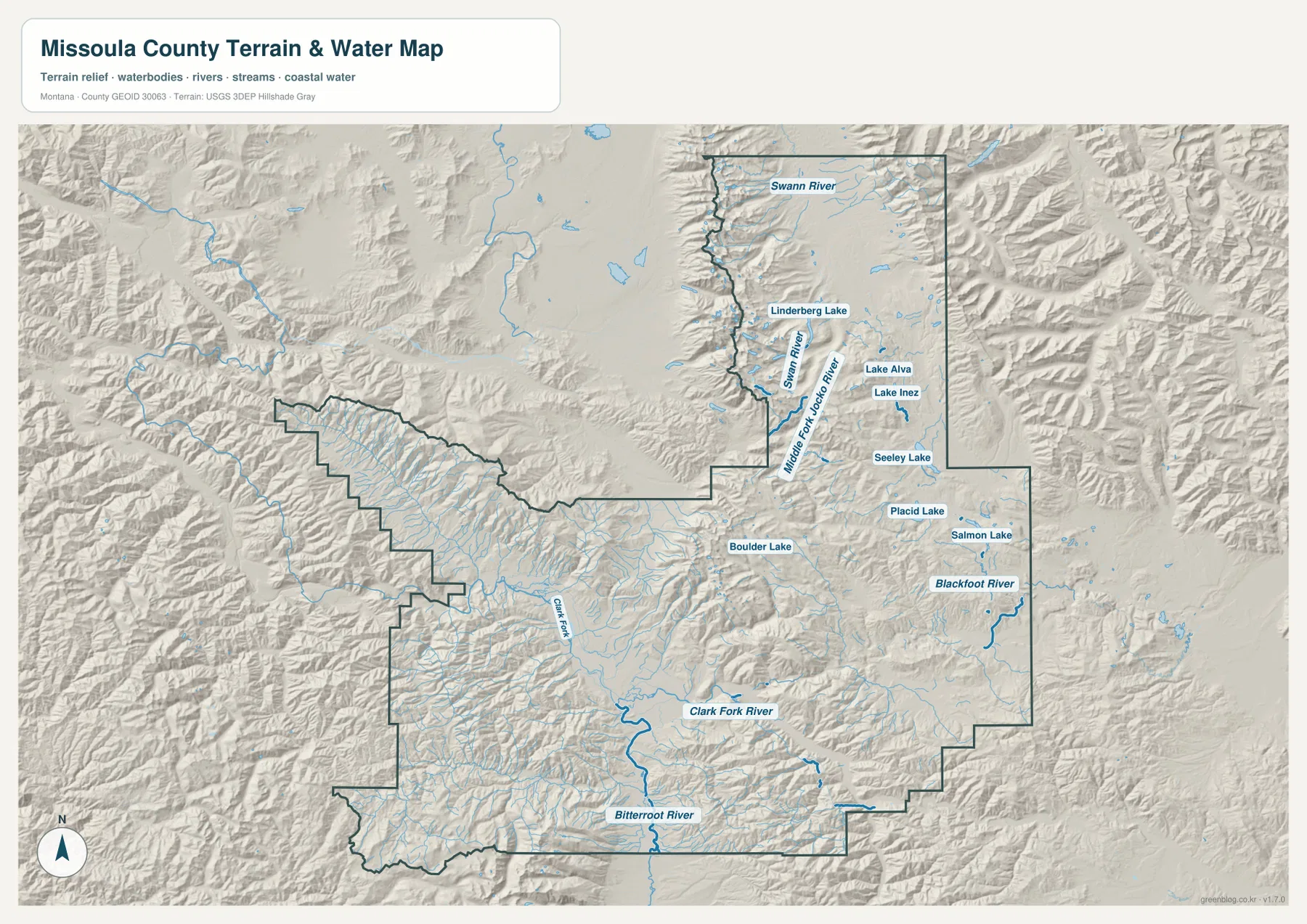 Clark Fork River, Bitterroot River, Blackfoot River, Swan River와 Seeley·Salmon·Placid Lake를 표시한 Missoula County 수역 지형 지도