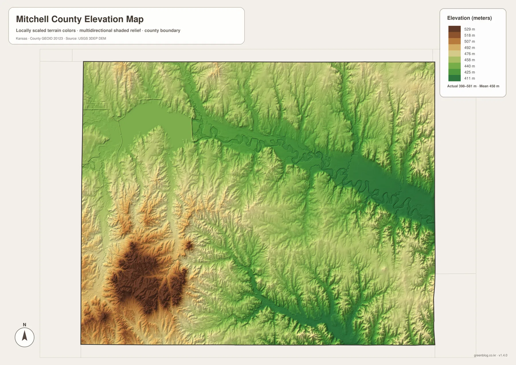 Mitchell County Kansas elevation map showing 398 to 581 meter terrain, Solomon River lowlands and southwestern uplands
