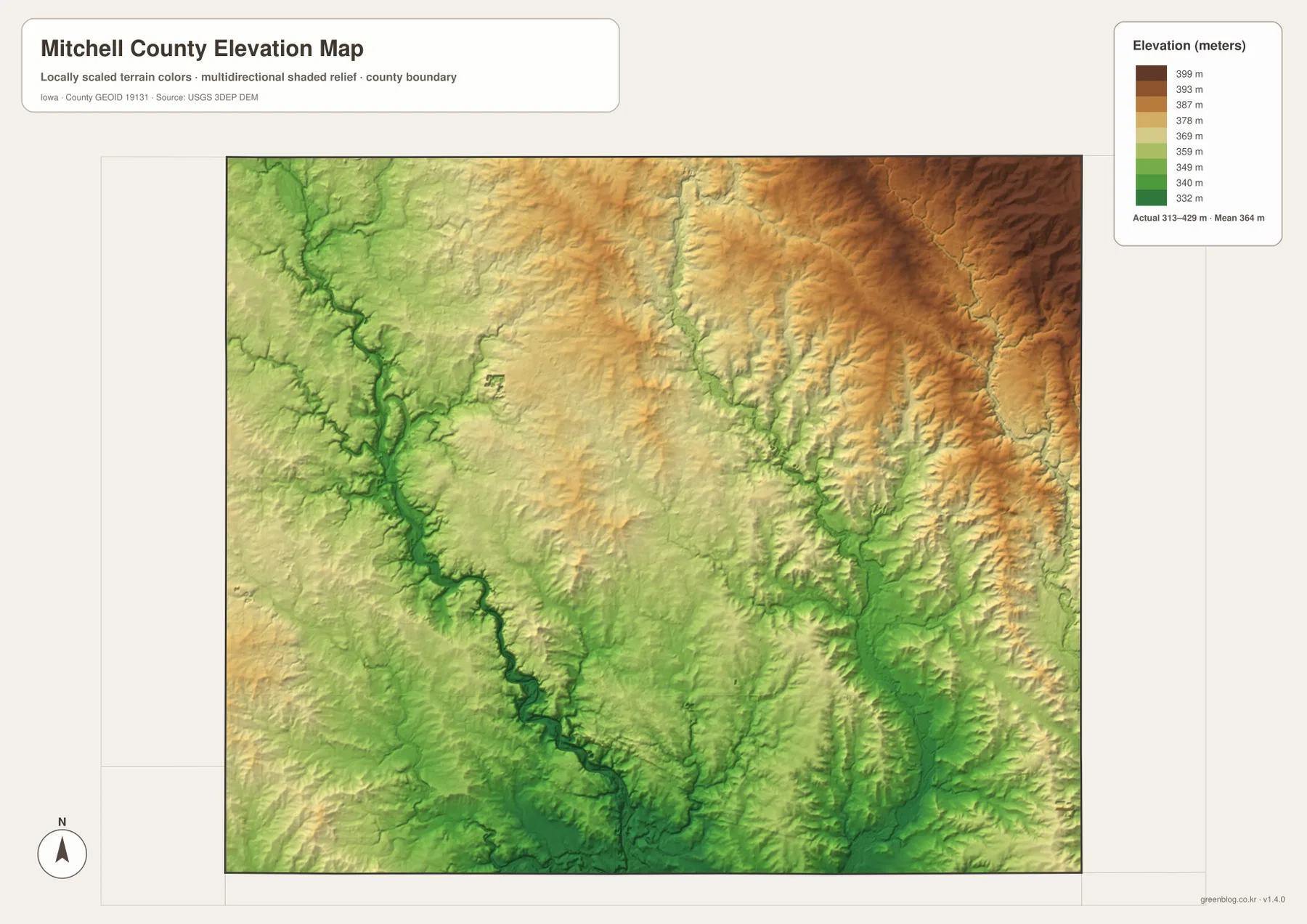 Mitchell County Iowa elevation map 313 429 meters Cedar River northeastern uplands